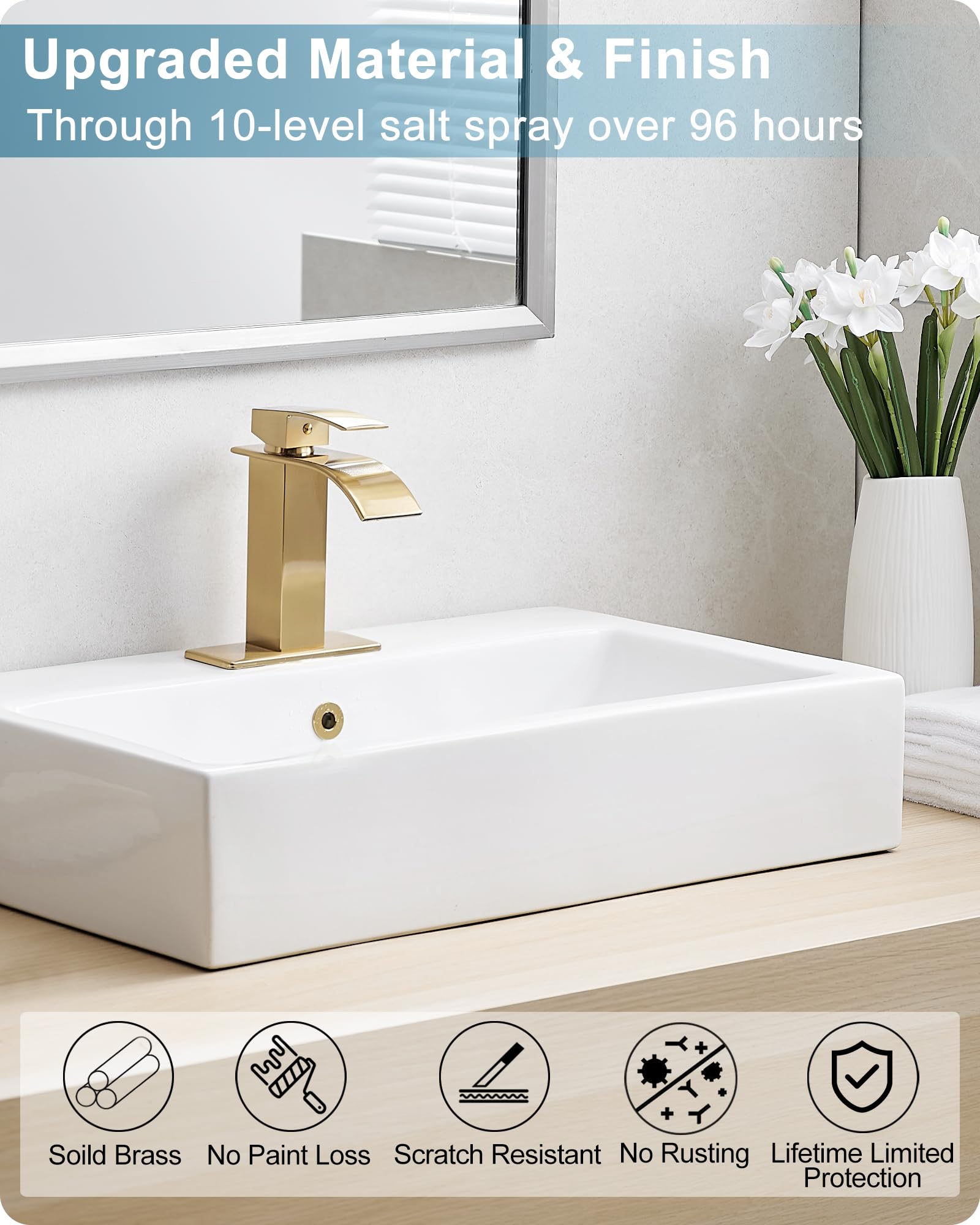Grifo de baño Dorado con Efecto Cascada, grifos de baño de latón de un Orificio o de Tres Orificios de 4 Pulgadas, Grifo de Lavabo de baño Monomando con Placa de Cubierta y desagüe.