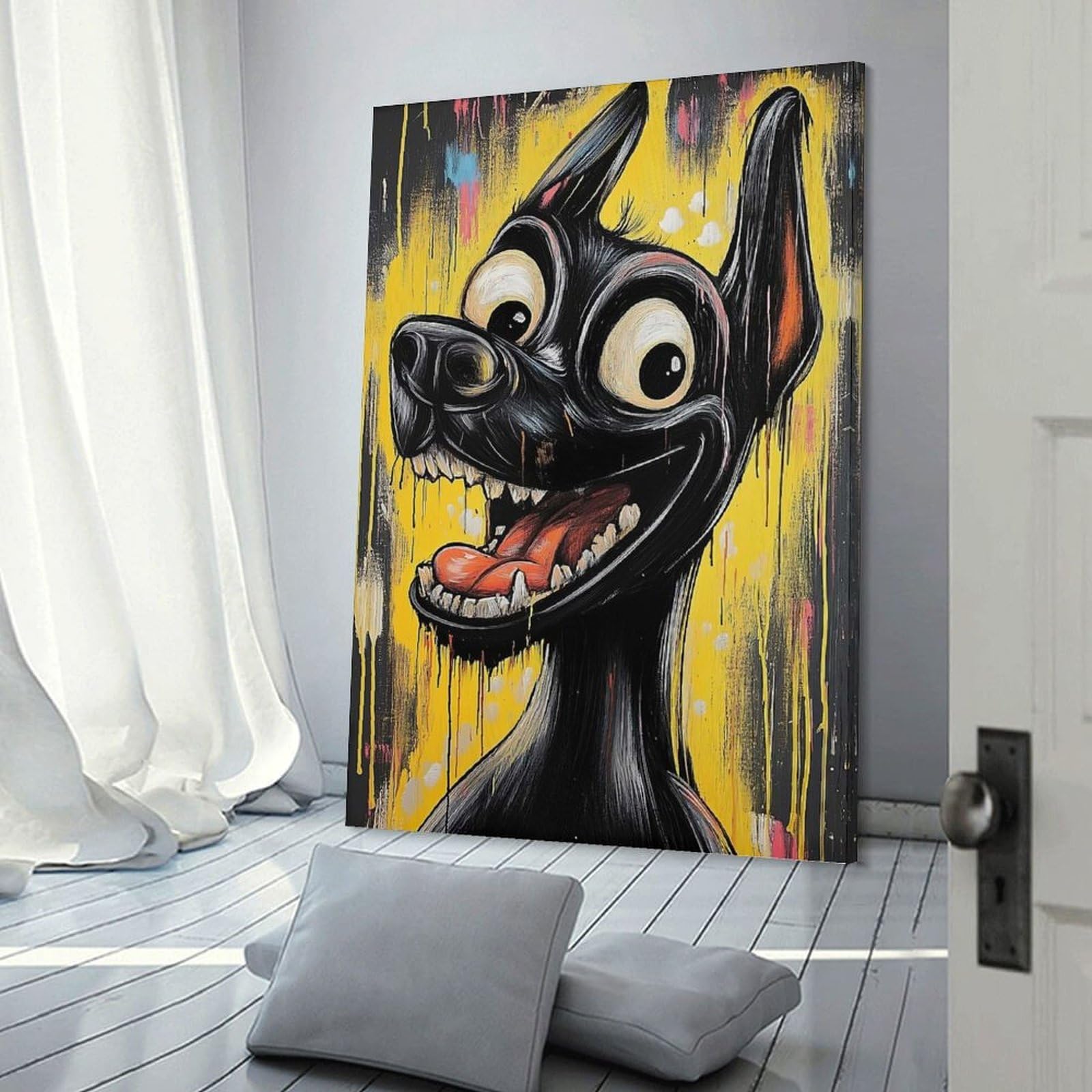 Junmoney Grinning Dog Painting Canvas Art Print, 08x12inch(20x30cm), for Bedrooms, Workspaces And Everyday Interiors, A Flexible Wall Accent for Shared Spaces