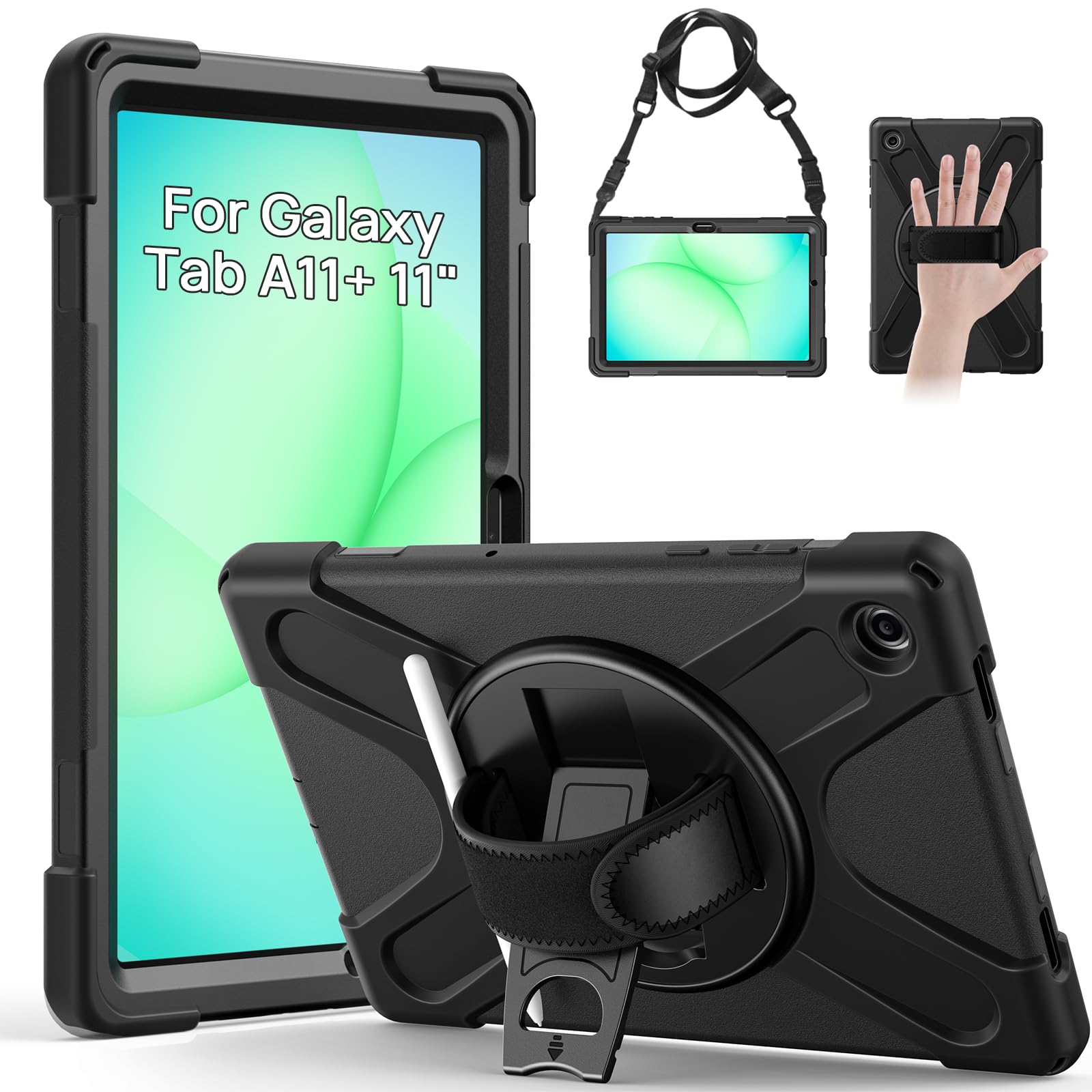 Gerutek Hülle für Samsung Galaxy Tab A11+/A11 Plus 11 Zoll 2025(SM-X230/X235/X236B), Stoßfeste für Galaxy Tab A11Plus Hülle mit 360° Drehbar Stände/Handschlaufe Schultergurt,Case für TabA11+,Schwarz