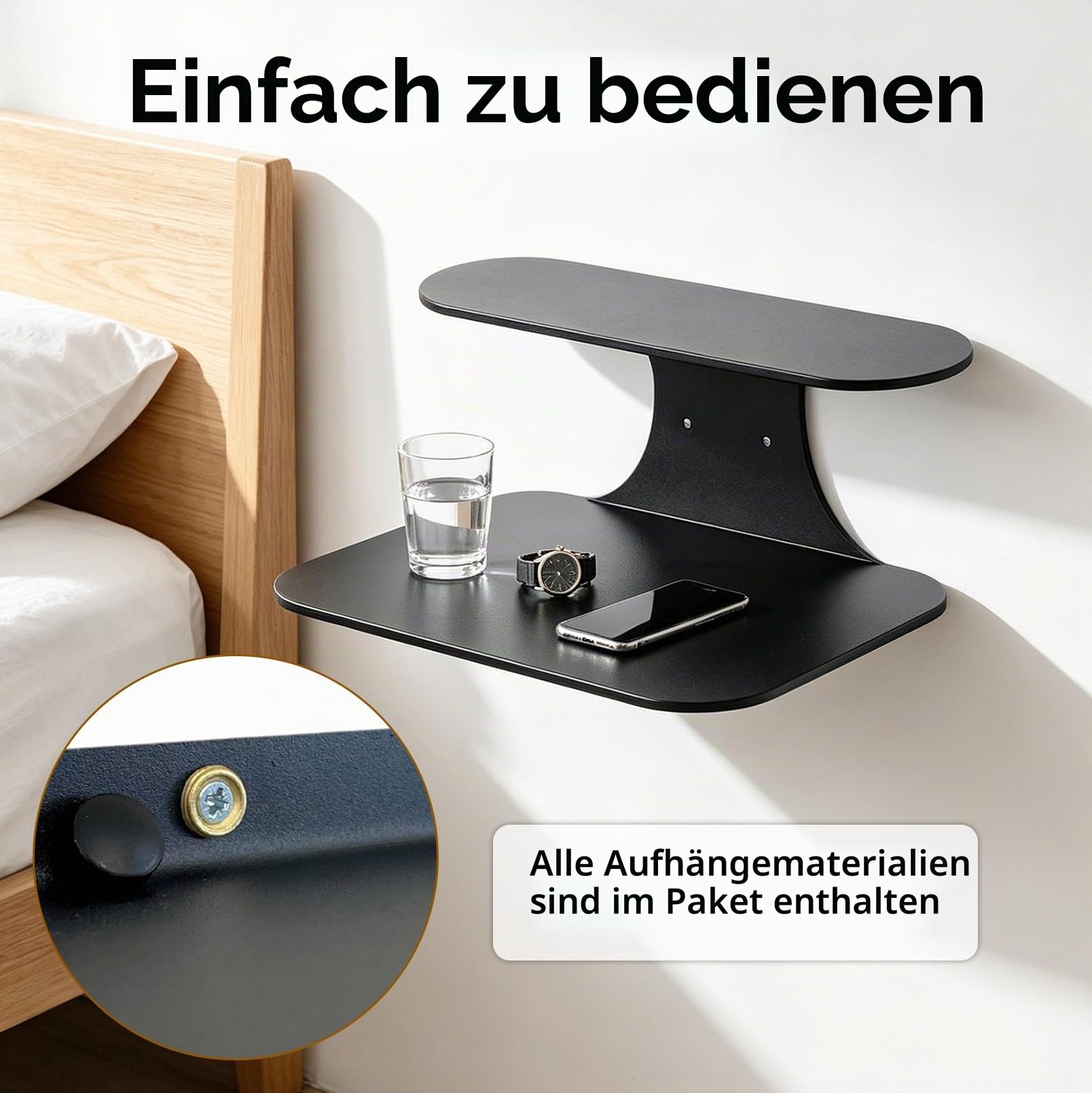 2 Stück Schwebender Nachttisch Hängend, 39x19cm Wandregal | Nachttisch Schmal mit 2 Ebenen, Moderner, Schwarz Metall, Kratz, Stoß & Schlagfest, Als Hängend, Schminktisch oder Sideboard