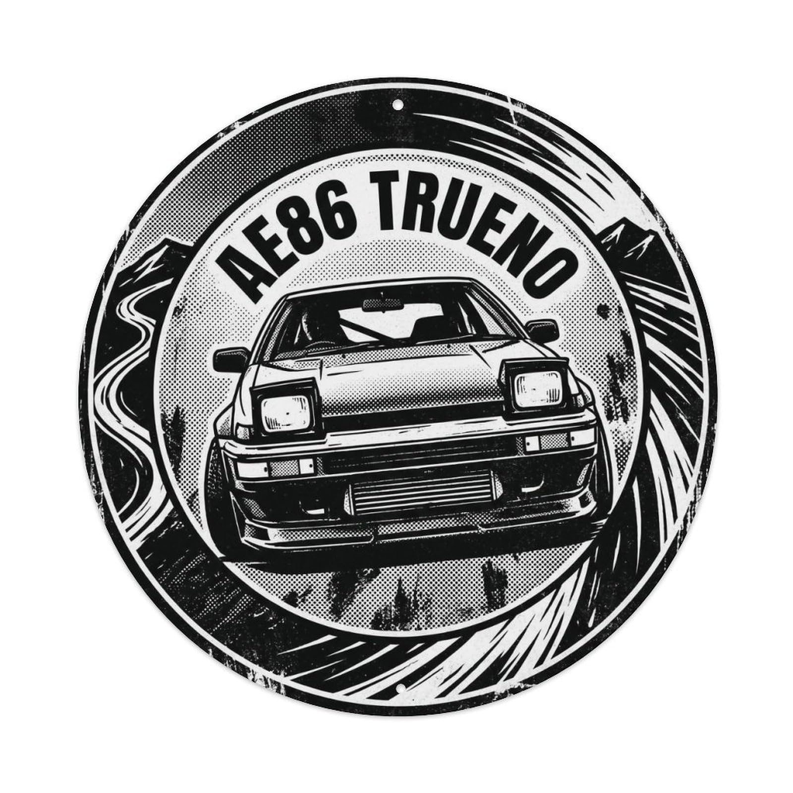 AE86 Trueno JDM Drift Racing Classic Tuner Sports Car Metal Tin Sign Plaque Wall Decor for Cafe, Man Cave, Club Bar, Office, Home Garden Round Metal Poster 8x8Inch
