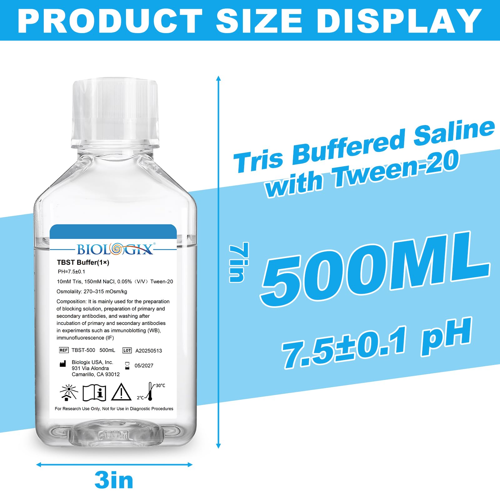 Solución tampón Tris de 500 ml con Tween 20, tampón TBST con Tween 20, 1 concentración, solución salina tamponada isotónica para laboratorio, 7,5 PH, lista para usar, 10 botellas/recipiente (10