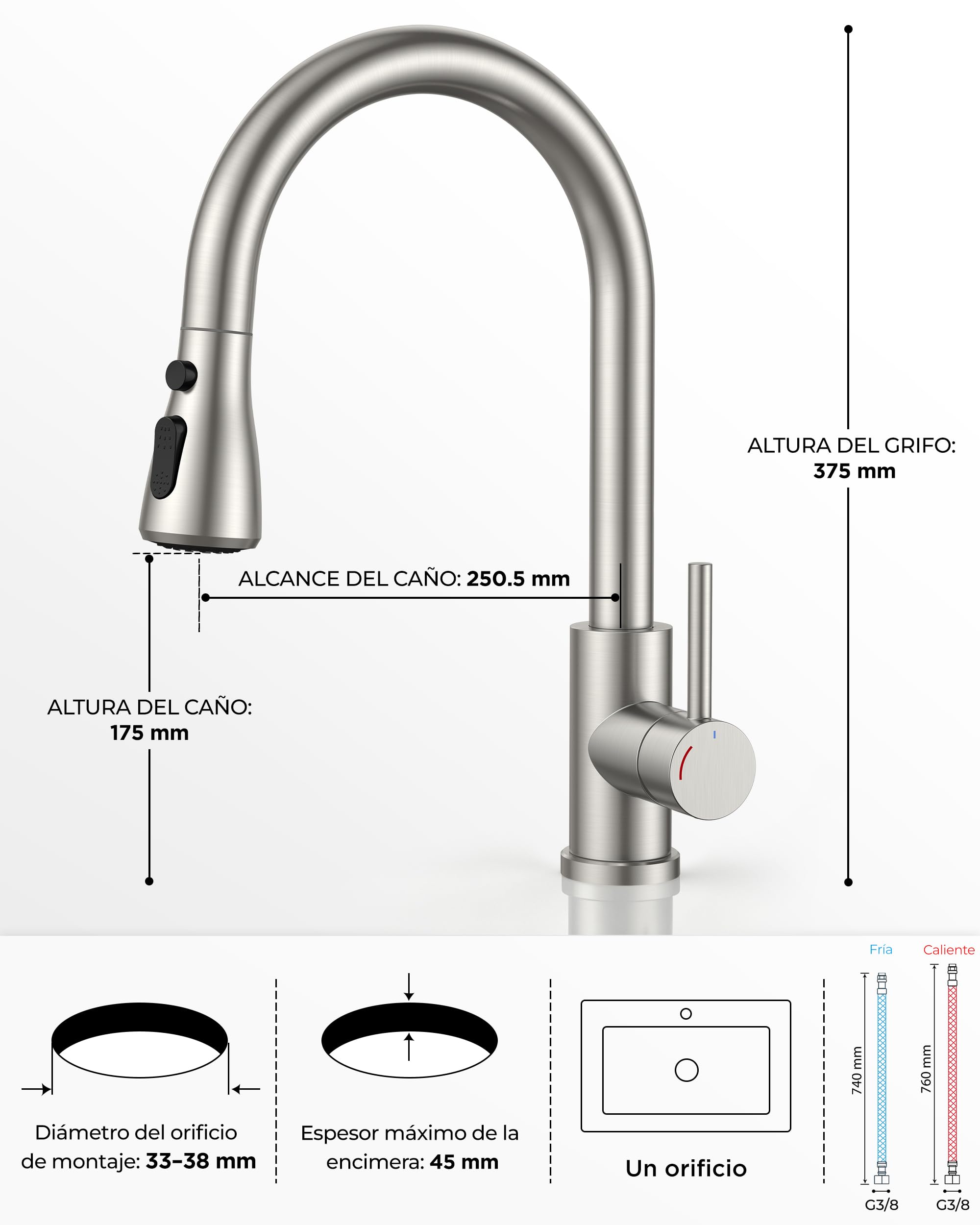 FORIOUS Grifo Cocina Extraíble Baja Presión, 2 Modos de Agua, Grifo Cocina Fregadero con 3 Conexiones para Calentador o Bajo Fregadero, Giro 360°, Acero Inoxidable, Palanca
