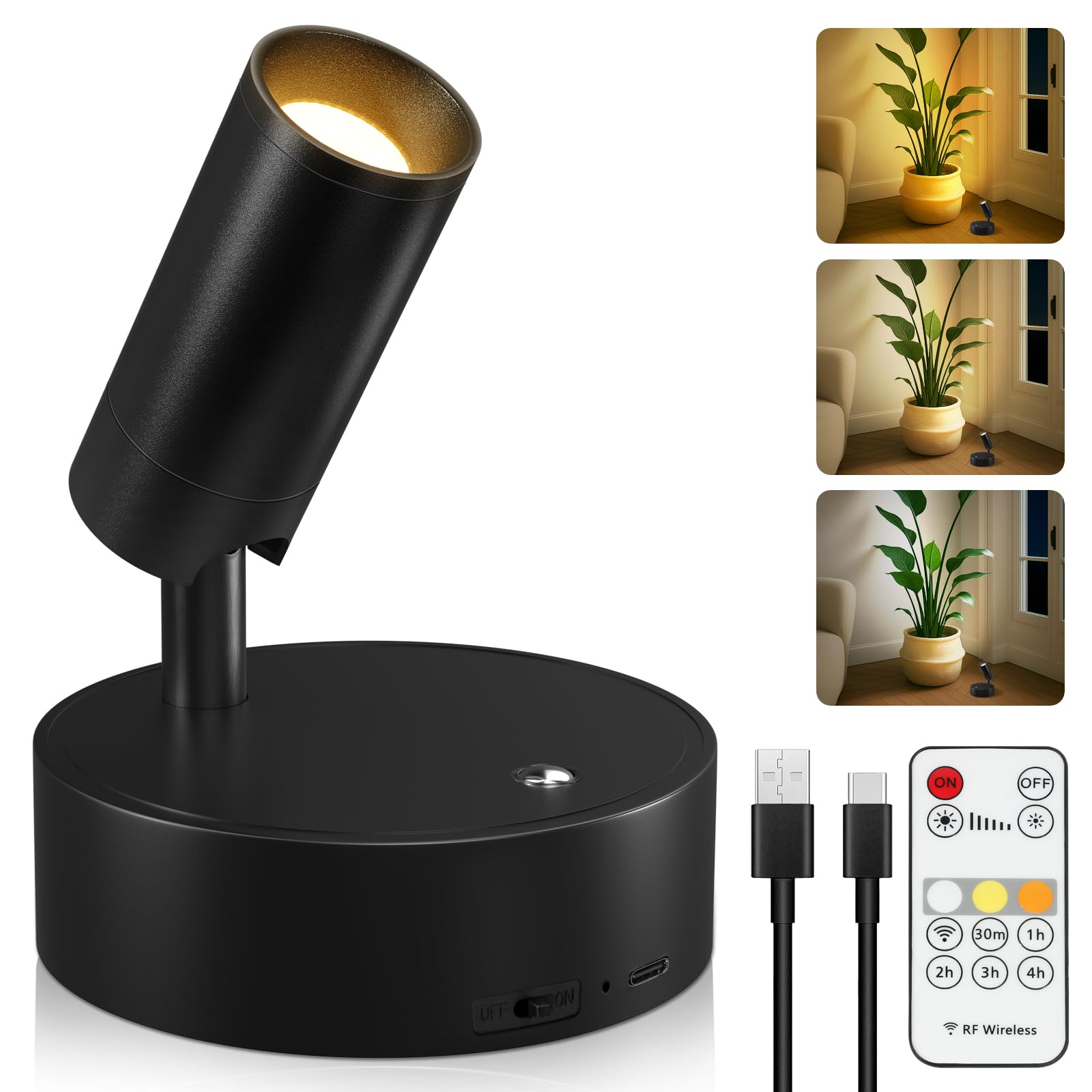 Rechargeable LED Spotlight Indoor Dimmable Accent Wall Light with Remote | USB-C rechargeable, Timer, 3 color temps, 13-40hr battery, 350° rotation, for plants, art &amp; home decor