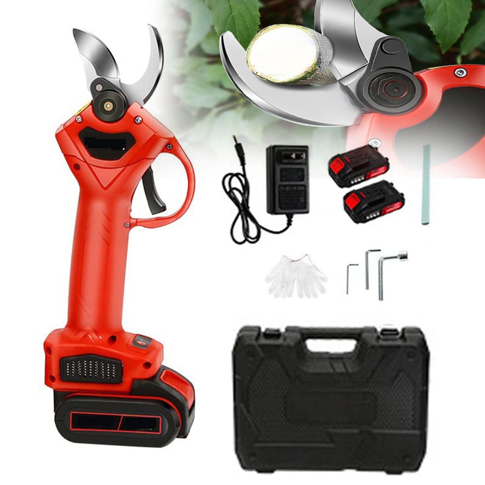 Cizallas de poda eléctrica, cortador de podas de rama de árbol con batería, piedra de modelado y guantes, diámetro de corte de 25 mm, tijeras con batería inalámbrica para árboles de jardín