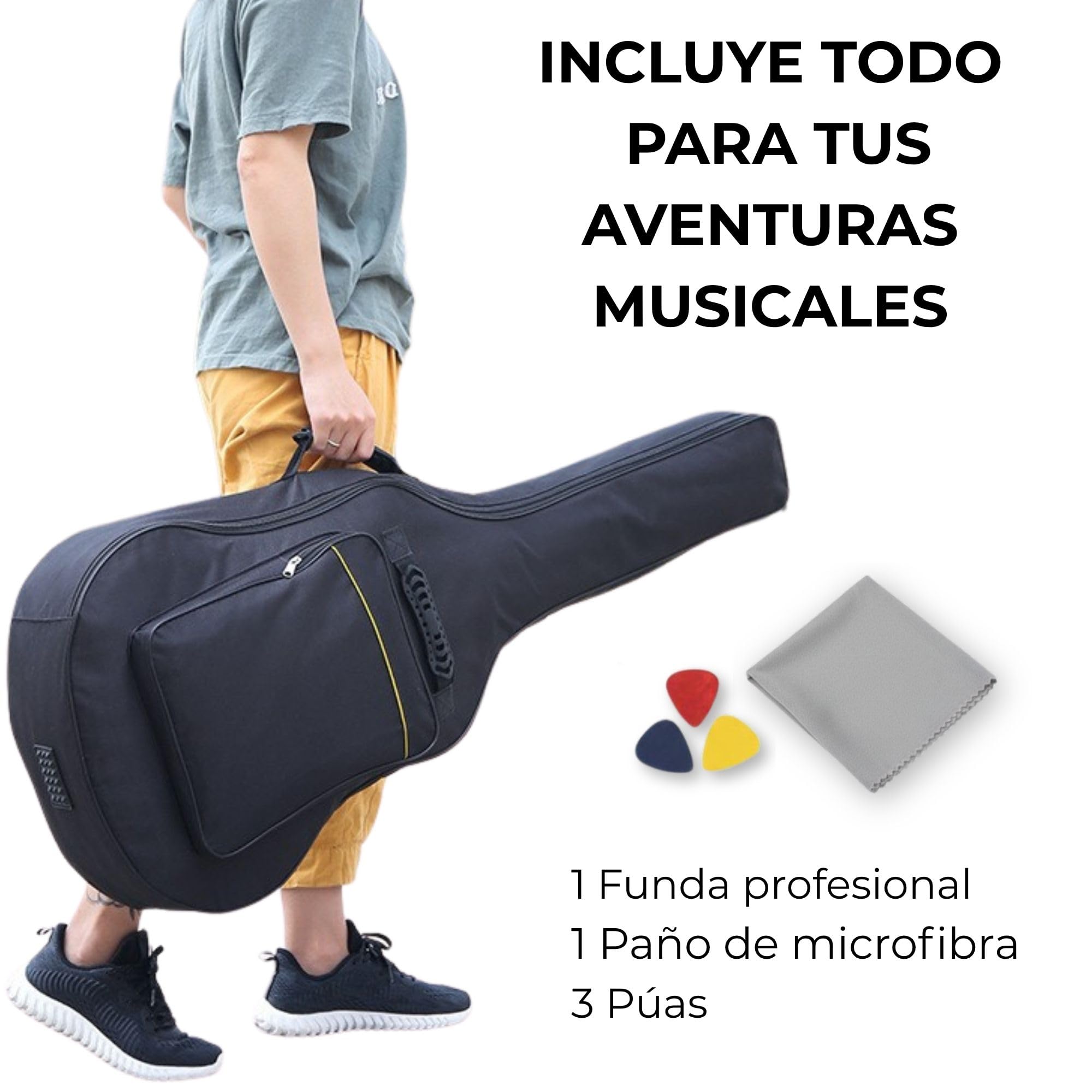 Funda Guitarra española, o acústica – Kit Completo con paño y 3 púas – Protección Acolchada, Ligera y Resistente – Ideal para Empezar cuidando tu Guitarra (Funda de Guitarra Universal, 1)