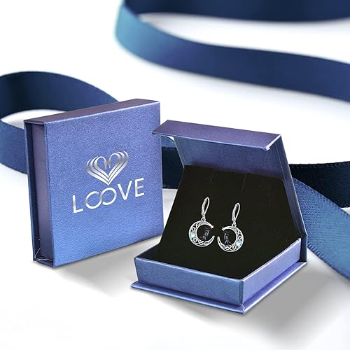 Vista 8 de Aretes colgantes de plata de ley con diseño de árbol de la vida, flor, abeja, animales, gato, colibrí, piedra lunar, turquesa, aretes con cierre