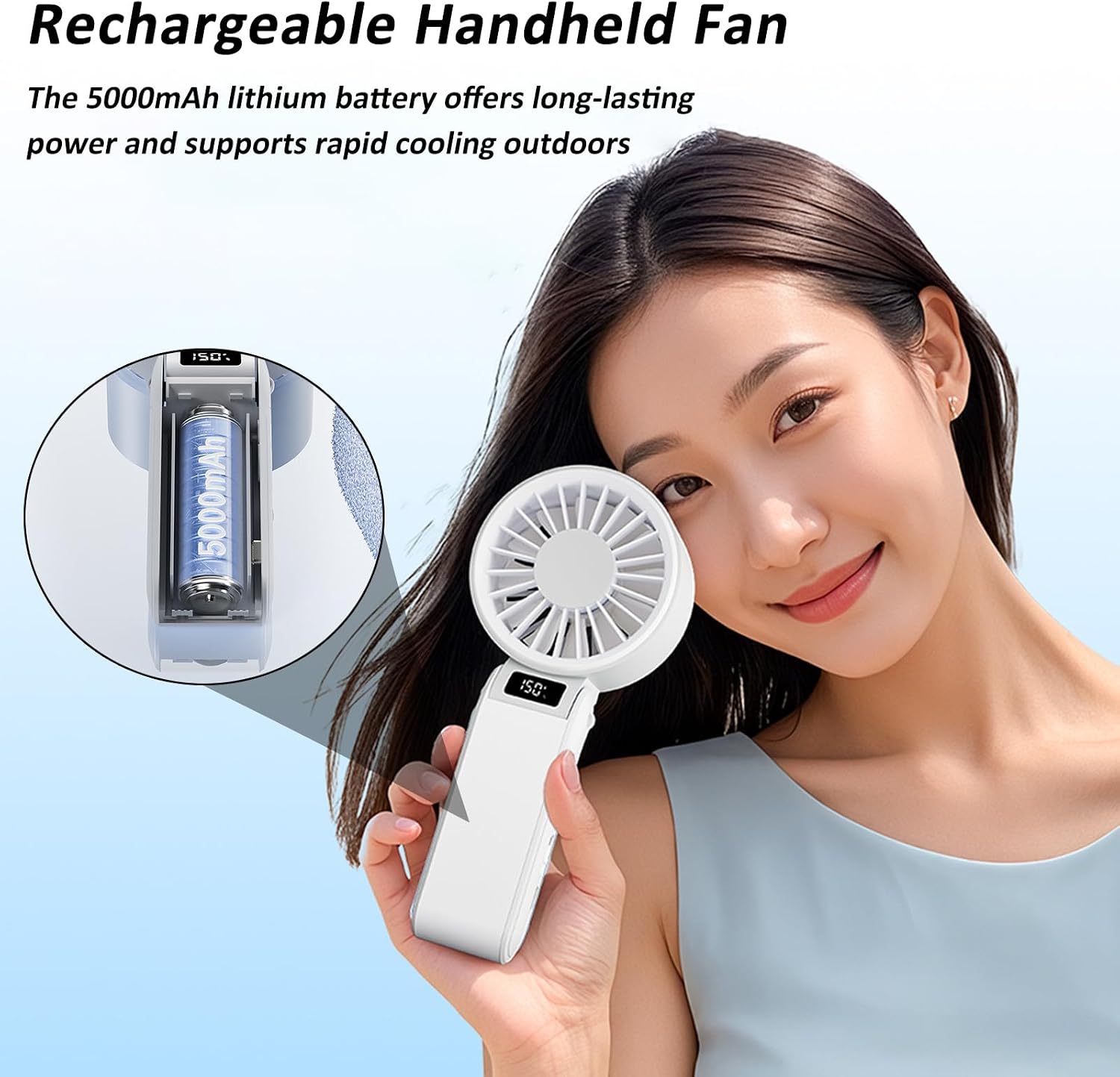 Portable Handheld Fan,150-Speed Stepless Adjustable Turbo Fan, LED Display, Small Desk Fan for Outdoor Activities, Travel, Working，Foldable Design,Can Hang the Neck (White)