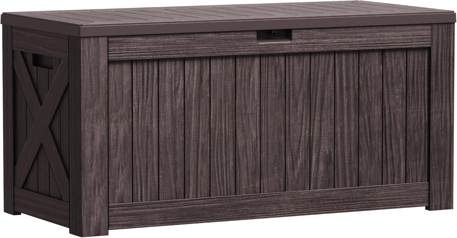 Greesum 120 Gallon Outdoor Storage Box with Lock – Large Resin Deck Box, Reinforced Lid for Garden, Patio, Lawn, Brown