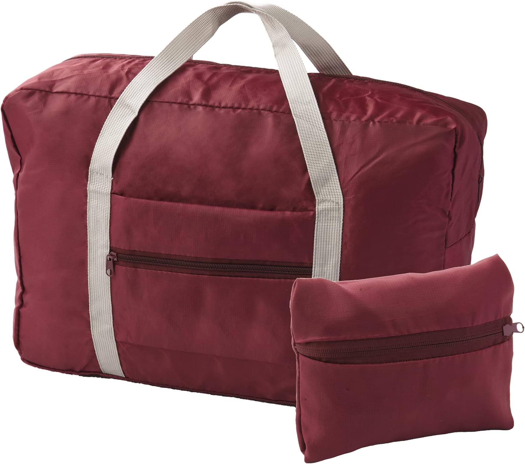 Foldable Travel Bag - 44cm x 28cm Handy Red Duffel Fold Up Shopping Bag Gym Bag - Zip Up Carry On Luggage Overnight Weekend Bag