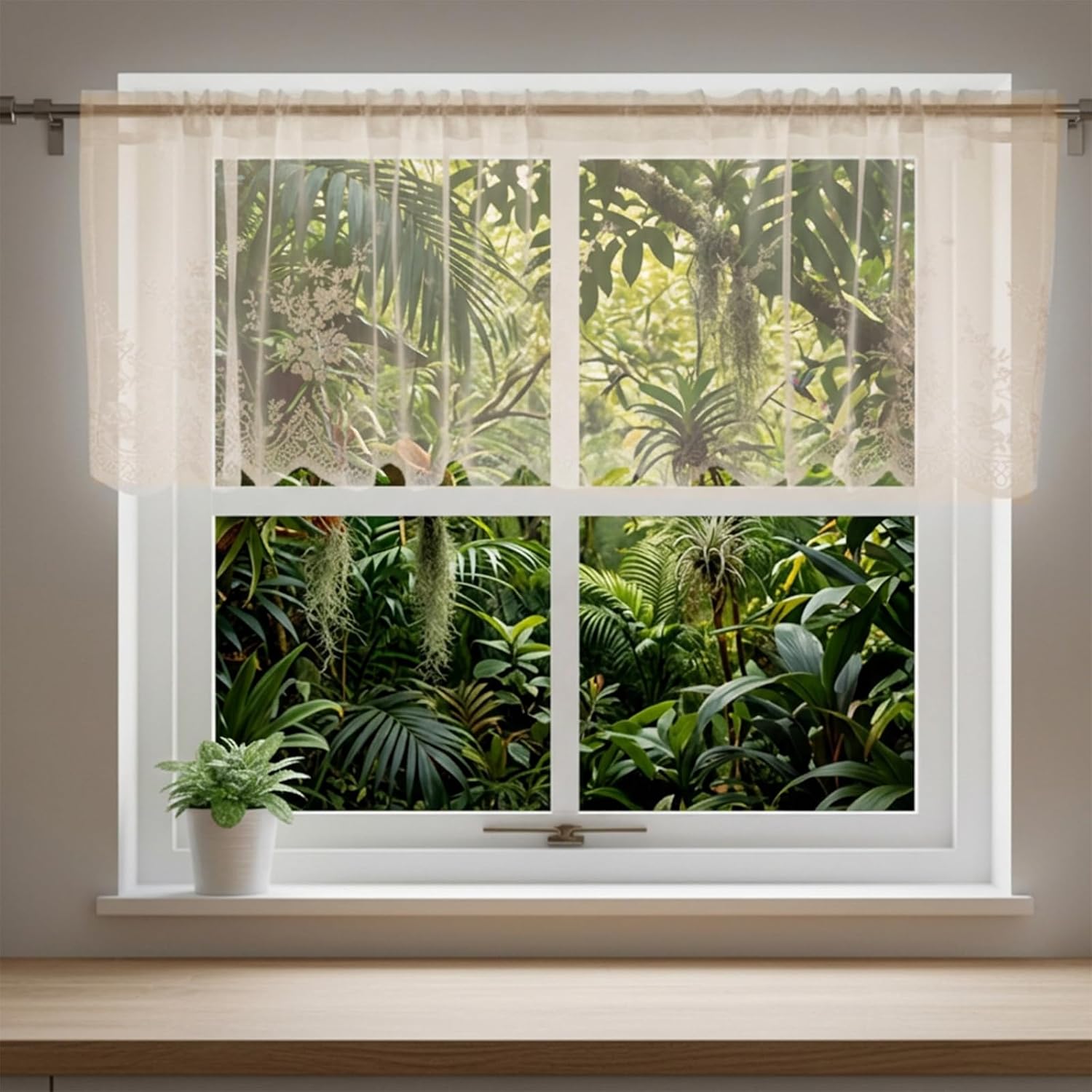 Lace Valances for Windows, Short Floral Lace Valance Curtains Vintage Beige Sheer Valance Over Sink Rod Pocket Window Valance for Kitchen Cafe Bathroom Decoration, 51x16 inches