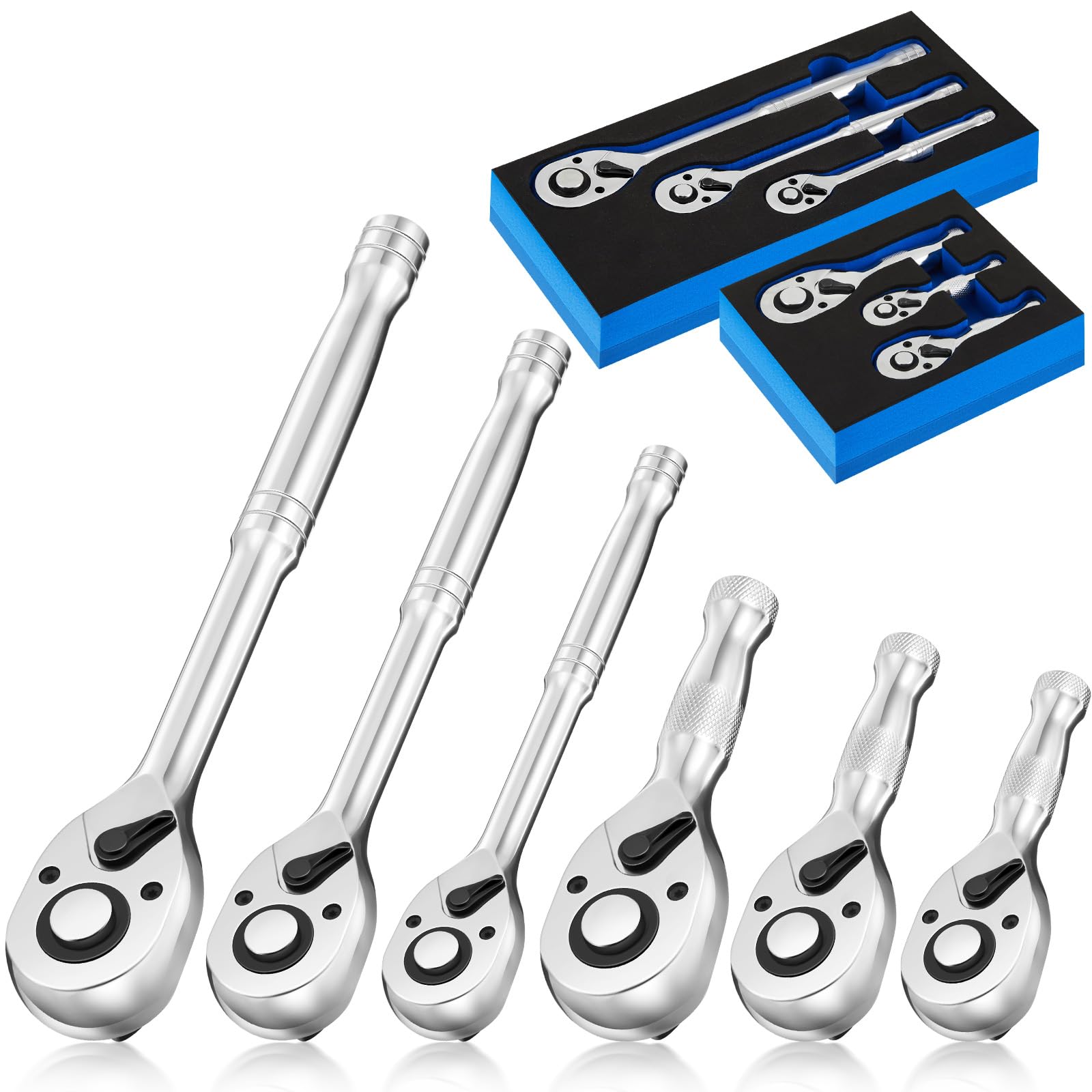Lasnten 6 Piece Standard Ratchet Set 1/4", 3/8", 1/2", Long and Stubby Drive Tools, 72 Tooth Ratchet, Quick Release Button | Reversible Design with 5°