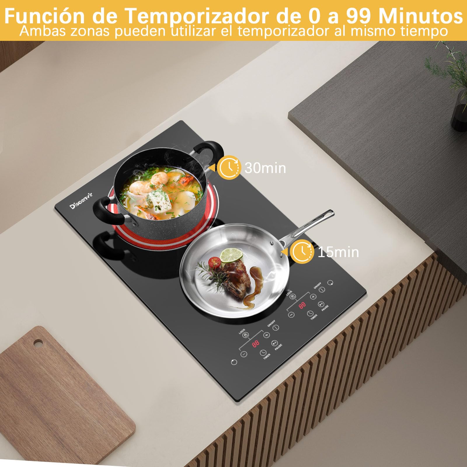 Placa Vitrocerámica 2 Fuegos 3000W, Vitroceramica Induccion Empotrable, Placa Electrica Cocina con Función de Pausa, Nivel de Potencia 9, Control de Tacto, Cronómetro | Función de pausa, temporizador, seguridad infantil, 9 niveles de potencia, 30 cm, 3000