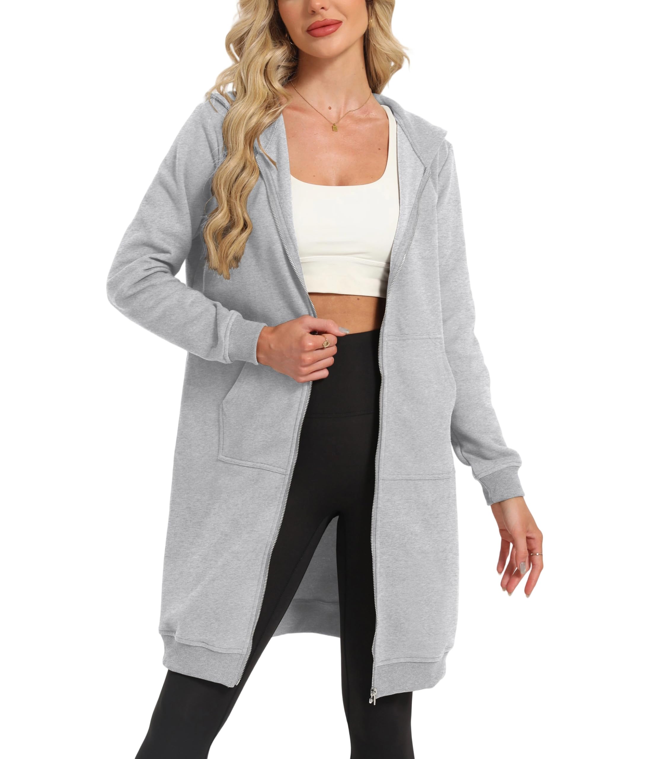 Timuspo Damen Lange Kapuzenjacke Weich und Locker Sweatjacke Einfarbig Zipper Hoodie Oversized Warm Sweatshirt Jacke Kapuzenpullover mit Taschen