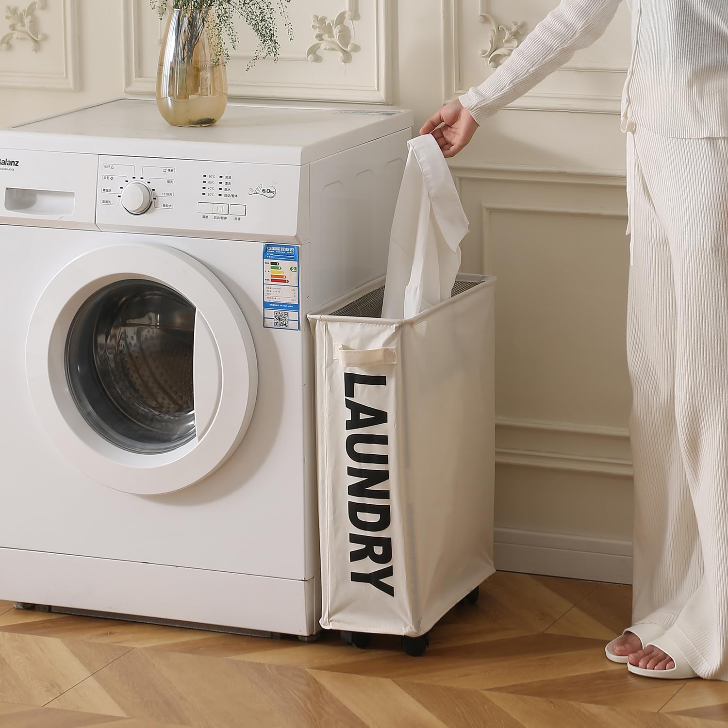 Rolling Laundry Basket with Lid - HOKIPO Cream -7