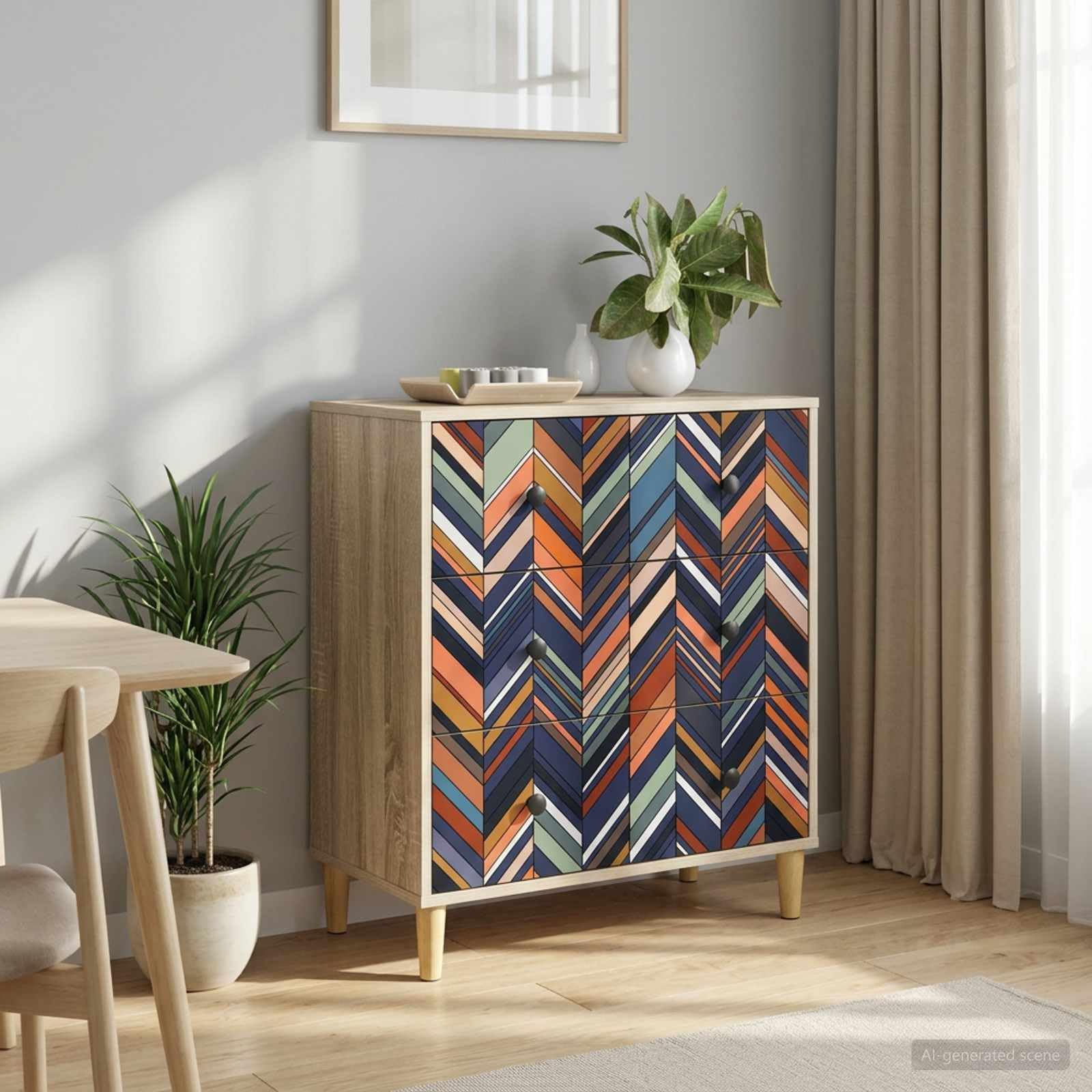 vidaXL Cassettiera OMMEN con stampa geometrica, 66 x 36,5 x 75 cm, Sonoma, cassettiera moderna, design rettangolare per riporre oggetti in camera da letto e soggiorno, legno ingegnerizzato, base