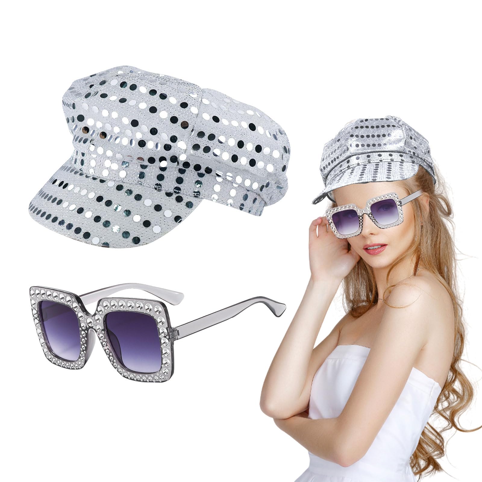 TGKEAIY 3 Pezzi Accessori Discoteca Donna, Discoteca Cappello Berretti con Paillettes Occhiali da Sole Orecchini, Abba Costume set per Donne Festa a Tema Compleanno Retro 70 Theme Dance Party