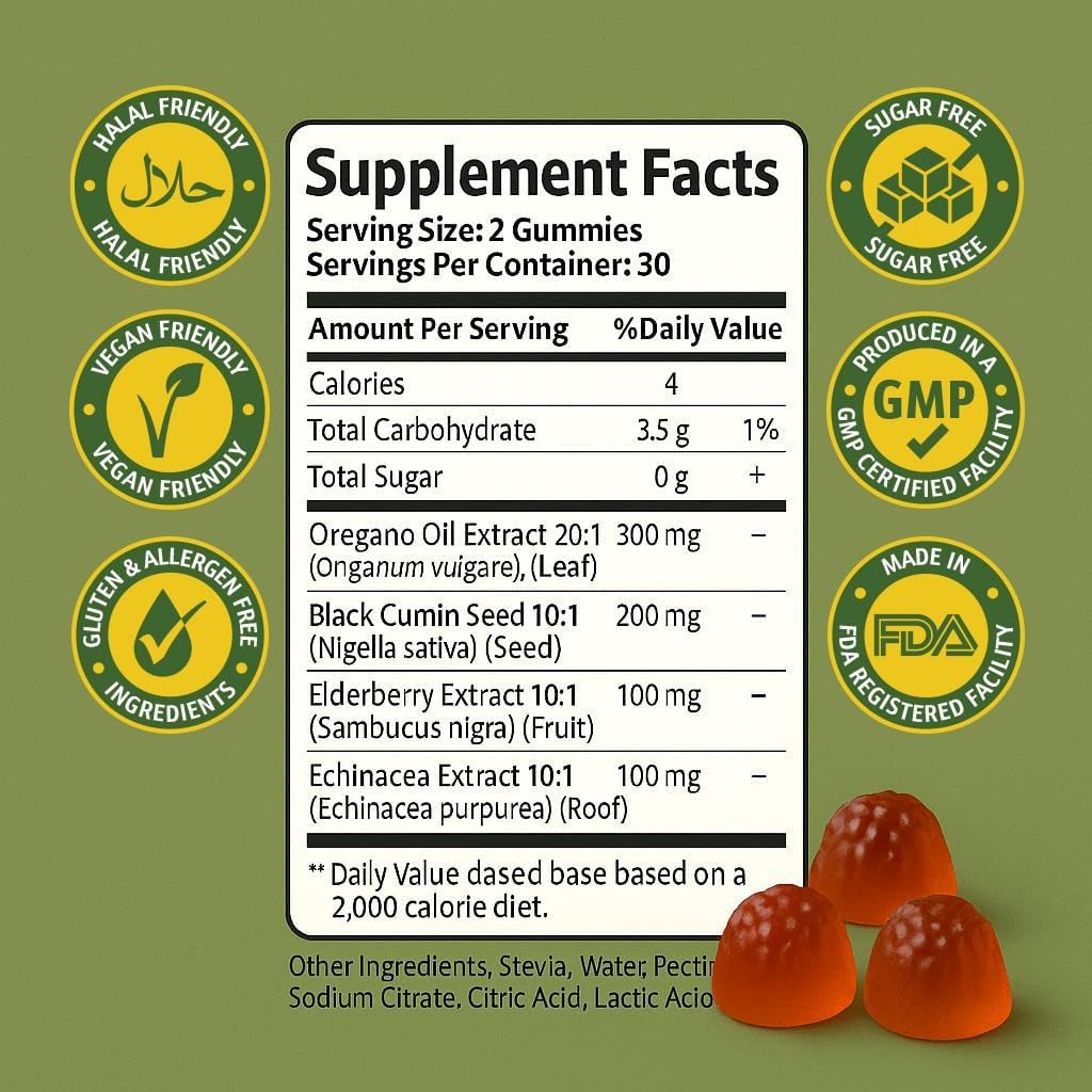 Sakoon nutrition Oil of Oregano Gummies – Immune Support with Oregano Oil 300mg, Black Cumin Seed, Elderberry, Echinacea – Antioxidants & Respiratory Health – Vegan, Non-GMO, Tasty Herbal Supplement - Image 2