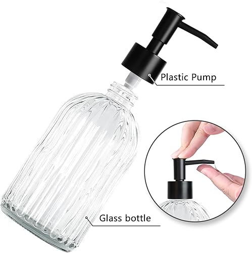 Miniatura 6 de Dispensador de jabón de vidrio de 13.5 onzas con bomba de plástico negro, dispensador de jabón de manos con diseño de rayas verticales para lavar