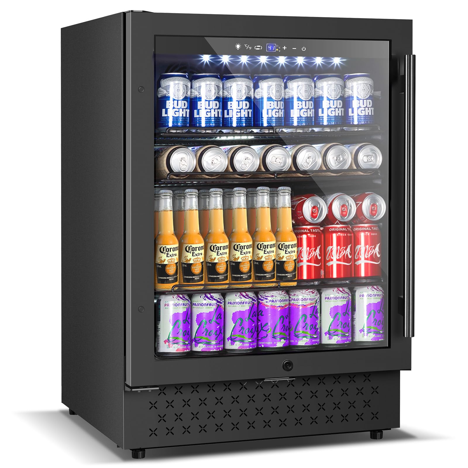24 Inch Beverage Refrigerator, Drink Refrigerator with Glass  Door, 200 Cans Under Counter Freestanding Drink Fridge, Reversible Door