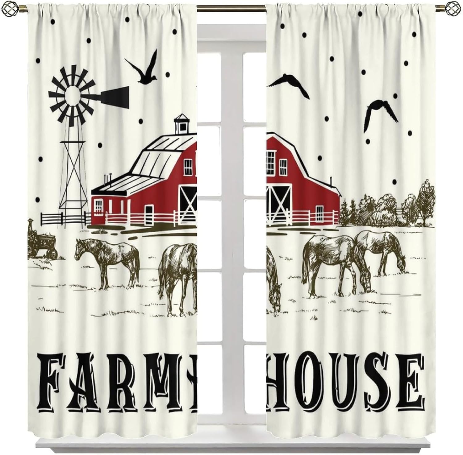 Farmhouse Blackout Window Curtains, Rustic Farm Animals Red Warehouse Windmill Cow Chicken Retro Rural Country for Home Kitchen Restaurant Decoration Window Drapes 2Panel 42" W X 45" L