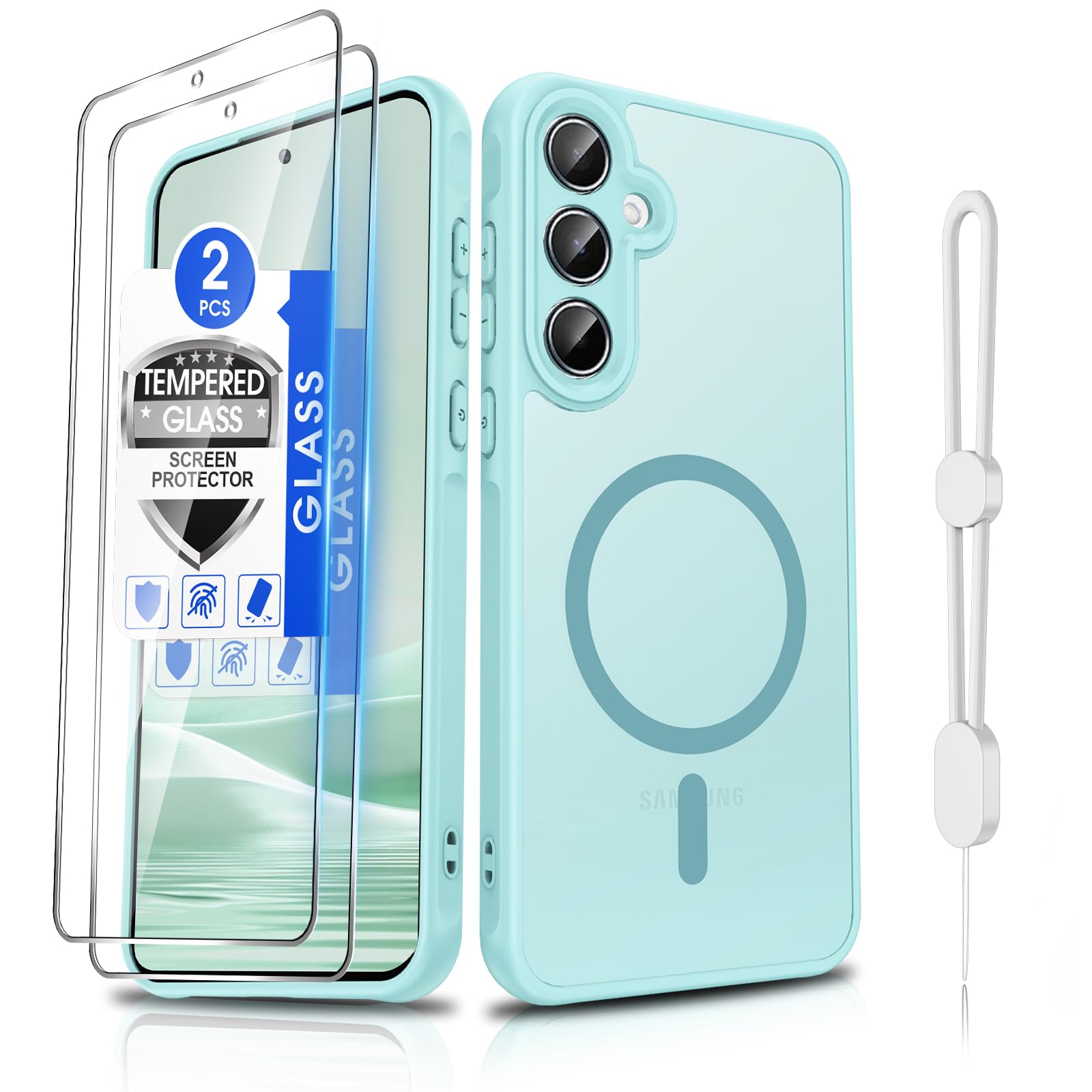 Dizn Magnetisch Hülle für Samsung Galaxy A55 5G: 2 Schutzglas, Camera Schutz, Kompatibel mit MagSafe, Band,Matt Transluzente Cover,Eingebauter Magnetring,Stoßfest Kratzfest,Phone Case A 55 5G,Minzgrün