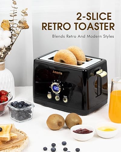 Miniatura 2 de Tostadora de 2 rebanadas, tostadora de pan retro con pantalla LED, tostadoras de ranuras extra anchas con 6 ajustes de tostado del pan, bagel