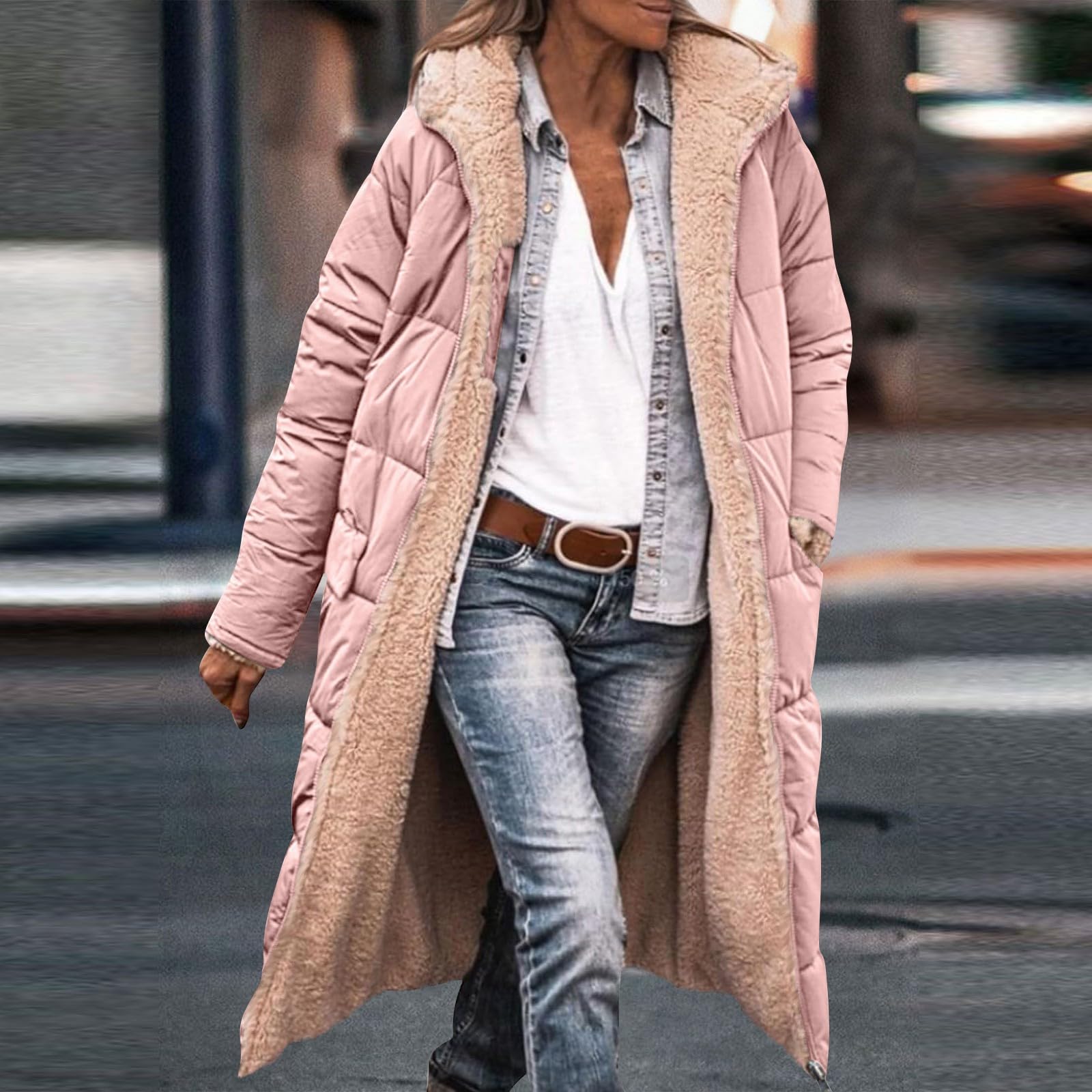 Generisch Damen Lange Wintermantel Warm Gefüttert Steppmantel Puffer Jacke mit Kapuze Fleece Mäntel Reißverschluss Elegant Parka Outdoorjacke Taschen
