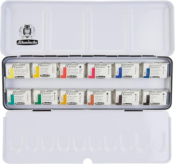 Schmincke - AKADEMIE Watercolor Paint Box, Basic Assortment 12 x 1/1 Pans, 75 312 097, Metal Box, Highly lightfast Colors, fine Artists' Watercolors