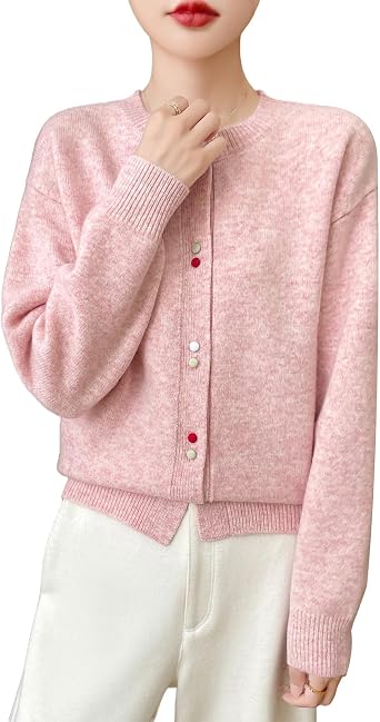 Womens Crewneck 100% Merino Wool Sweater 2025 Spring Fall Solid Long Sleeve Colorful Buttons Cardigan Sweater