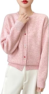 Women's Crewneck 100% Merino Wool Sweater 2025 Spring Fall Solid Long Sleeve Colorful Buttons Cardigan Sweater