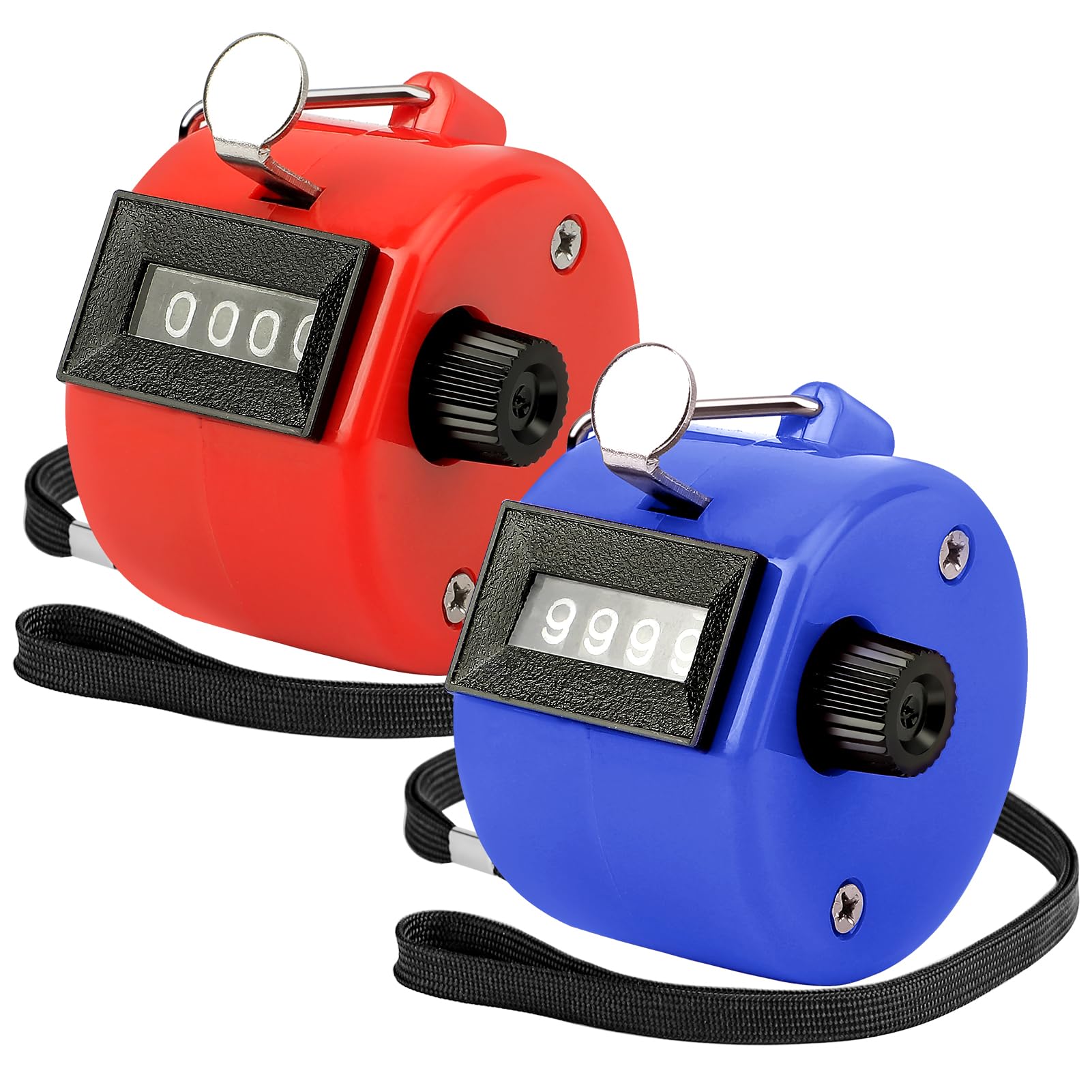 KTRIO Handzähler Zähler, 4-Stellige Zähler, 2 Stück ABS Counter Clicker mit Umhängeband für Personenzähler, Coaching, Stricken, Golf und Reihenzähler (Blau und Rot)