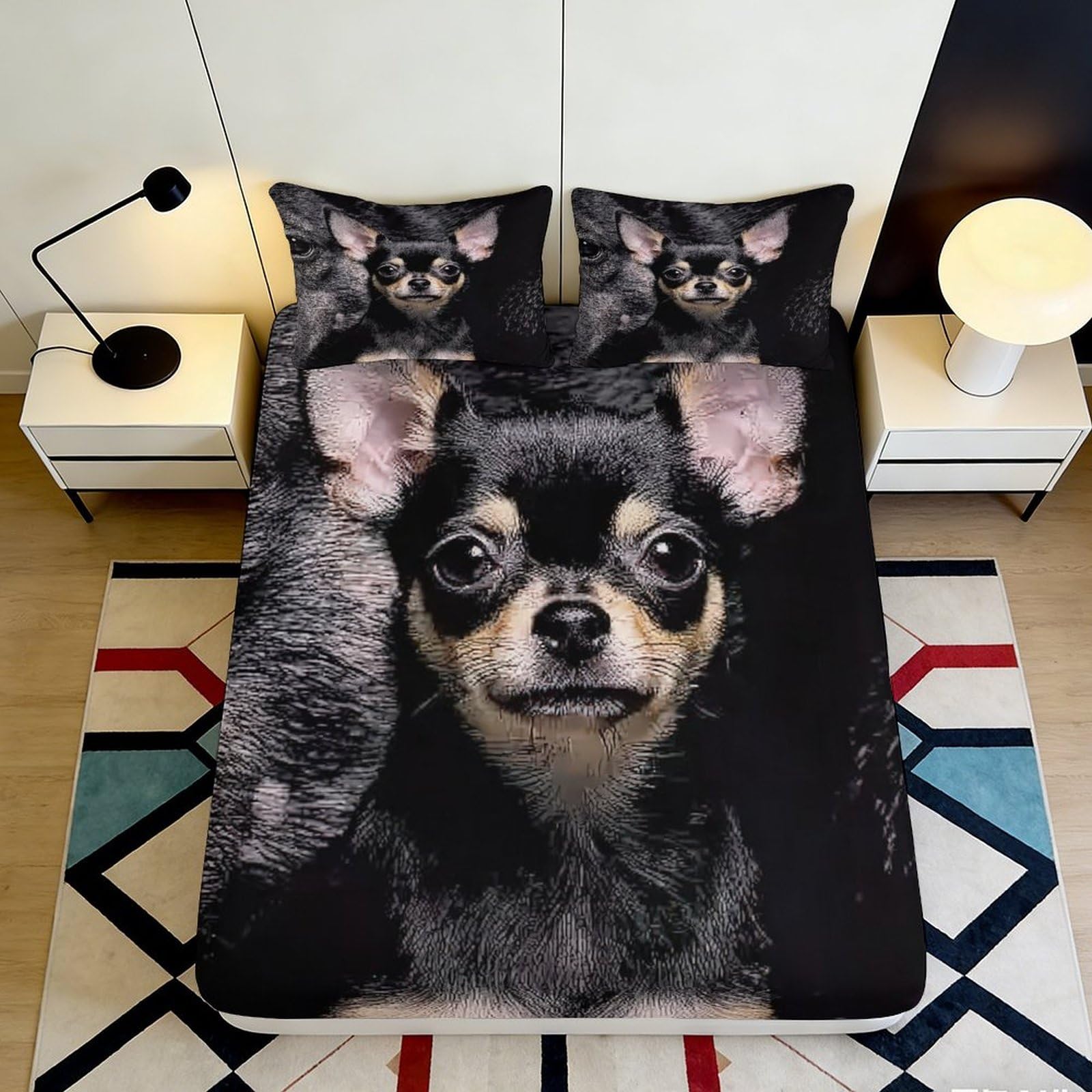 3D Printed Black Chihuahua Fitted Sheet Microfiber Soft Breathable Dog Pattern Mattress Cover for Bedroom Dorm Decor 90x200x25cm