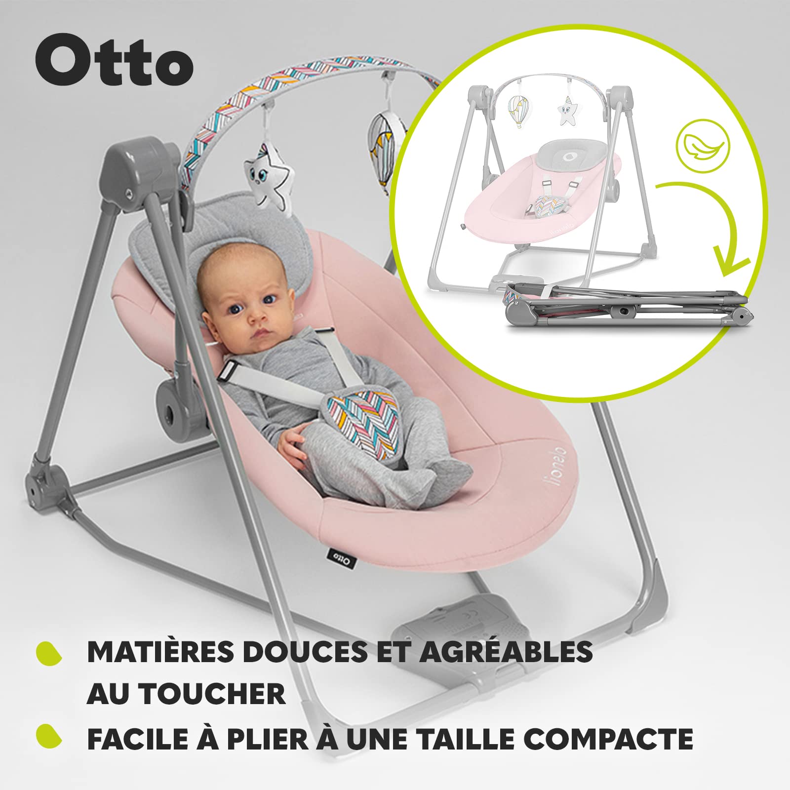 LIONELO Otto transat Bebe balancelle Bebe jusqu'à 9 kg, Jouets interactifs, Sons de la Nature, 5 Vitesses de bercement, Coussin pour la tête, Fonctionnement Silencieux