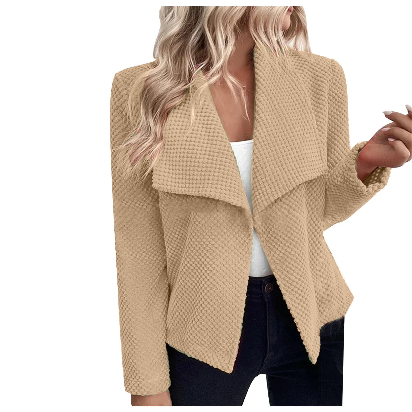 Womens Casual Blazer Open Front Fall Fashion Waffle Lightweight Jackets Shawl Collar Long Sleeve Cropped Outerwear Khaki