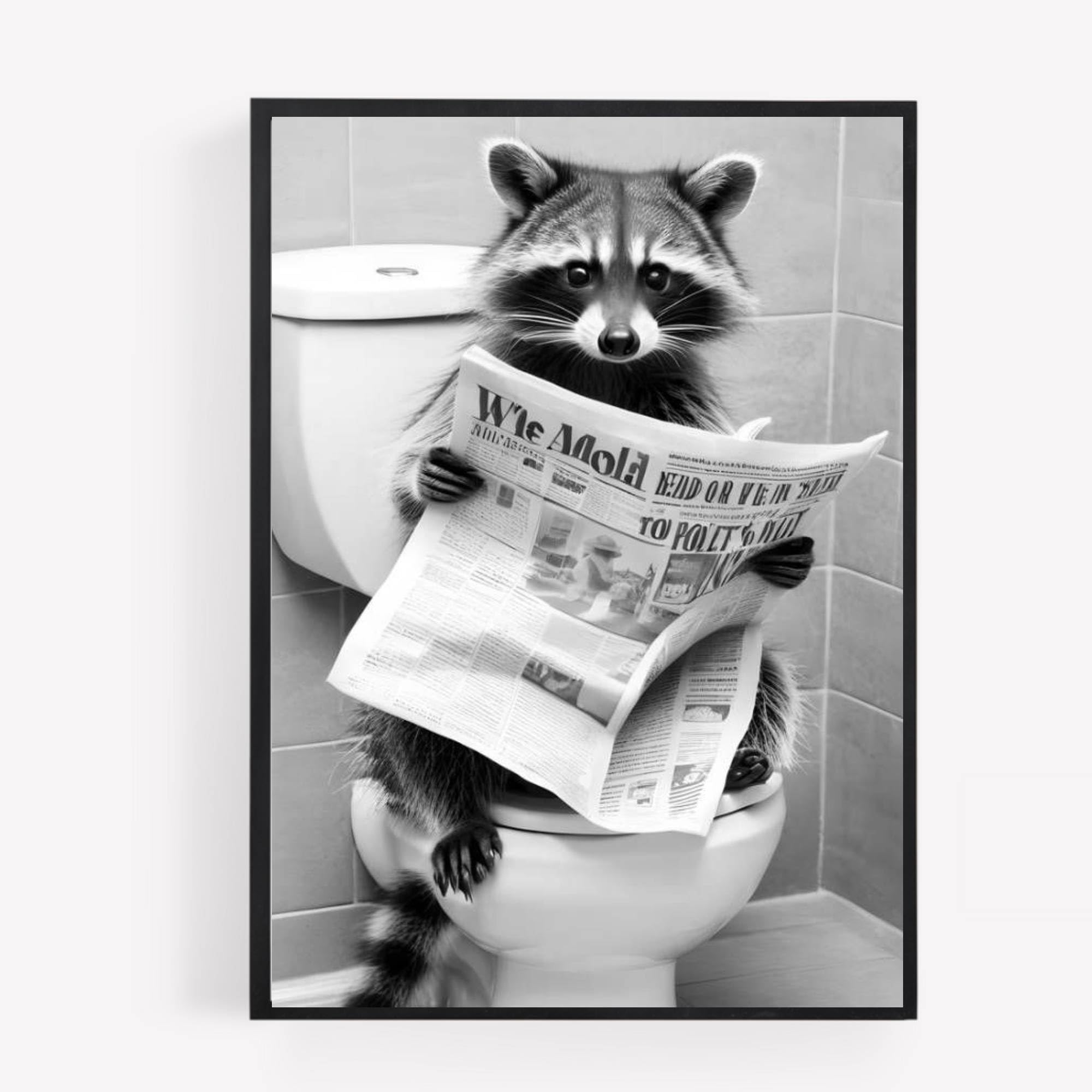 gfc Funny Bathroom Toilet animal Print Picture Poster Raccoon on a toilet reading newspaper A4 UNFRAMED wall art Home decor Decorating