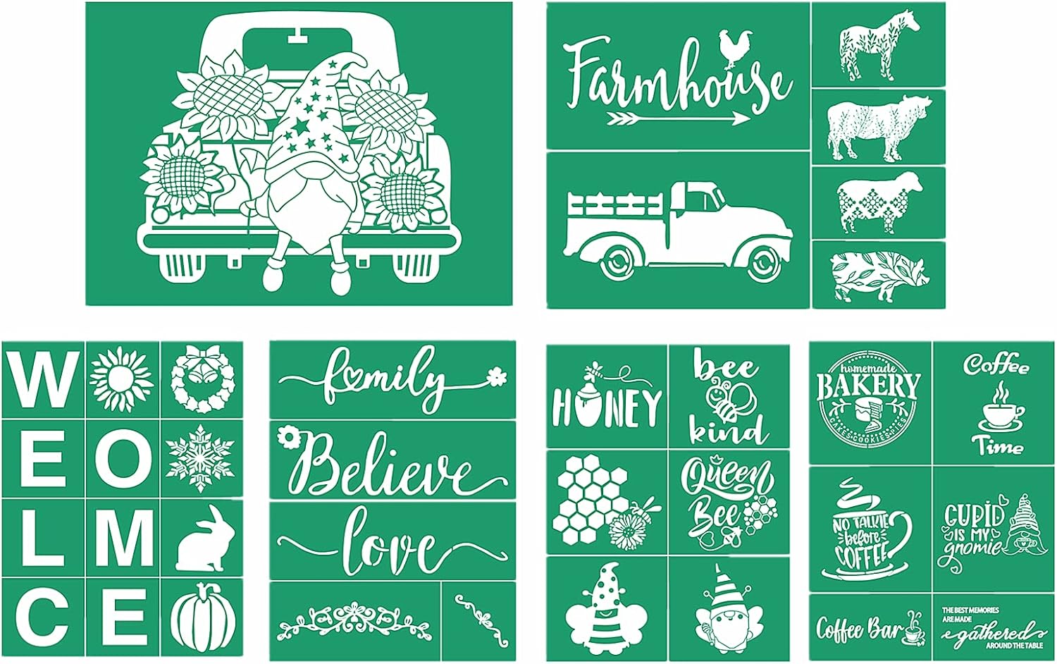 JAJADO Silk Screen Stencils 6 Pcs, Silk Transfers Mesh Stencils Reusable Adhesive Stencils for Chalk Paste Paint for Crafts, Farm Coffee Stencils Painting on Wood, Fabric, T-Shirts, DIY Home Decor