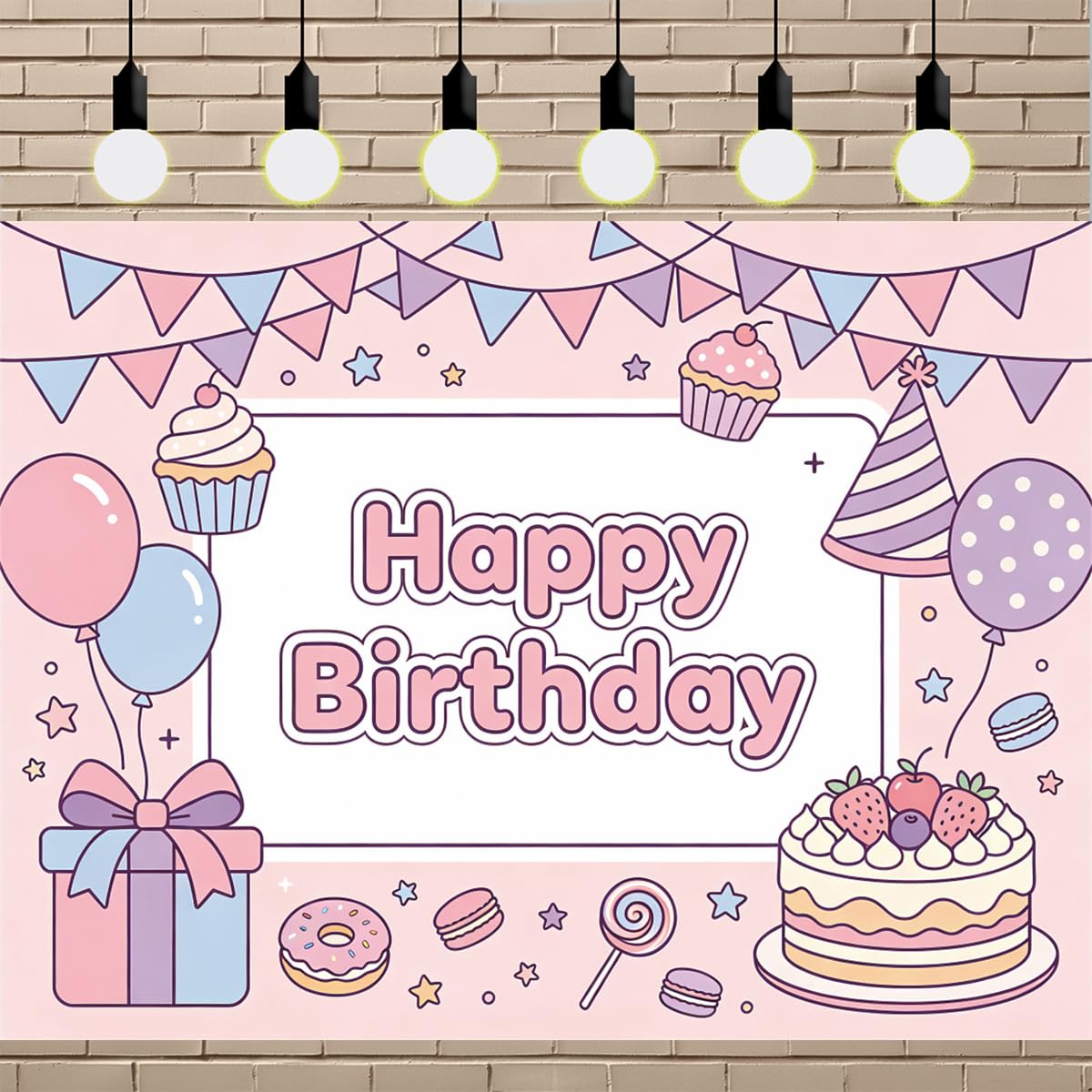 Pastelowe tło Happy Birthday, urocza kreskówka babeczka prezent balon fotografia tło tkanina na przyjęcie urodzinowe dekoracje fotobudki