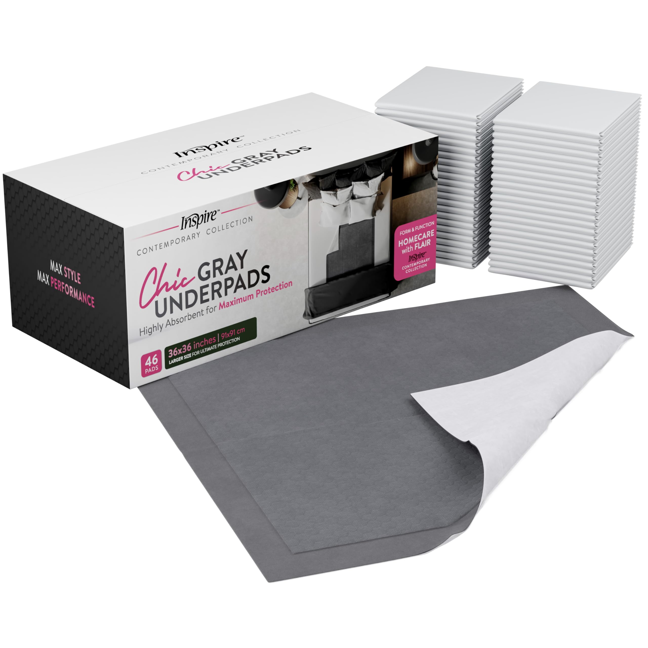 Inspire Almohadillas desechables súper y ultra absorbentes (gris, 36 x 36 pulgadas, paquete de 46)