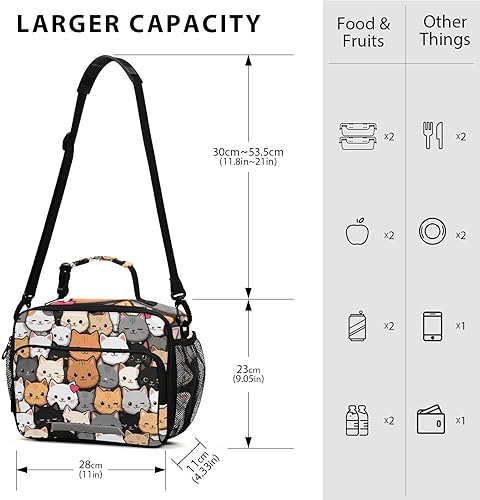 Miniatura 3 de Kcldeci Linda bolsa de almuerzo con diseño de caricaturas de gato con diseño de garabatos, bolsas de almuerzo aisladas, lonchera reutilizable, bolsa