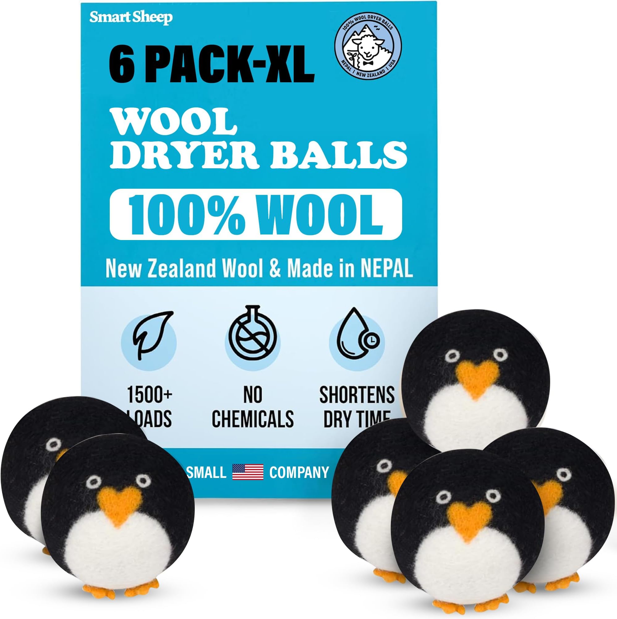 Wool Dryer Balls - 6-Pack - XL Premium Natural Fabric Softener Award-Winning - Wool Balls Replaces Dryer Sheets - Wool Balls for Dryer - Laundry Balls for Dryer (Marching Penguins)