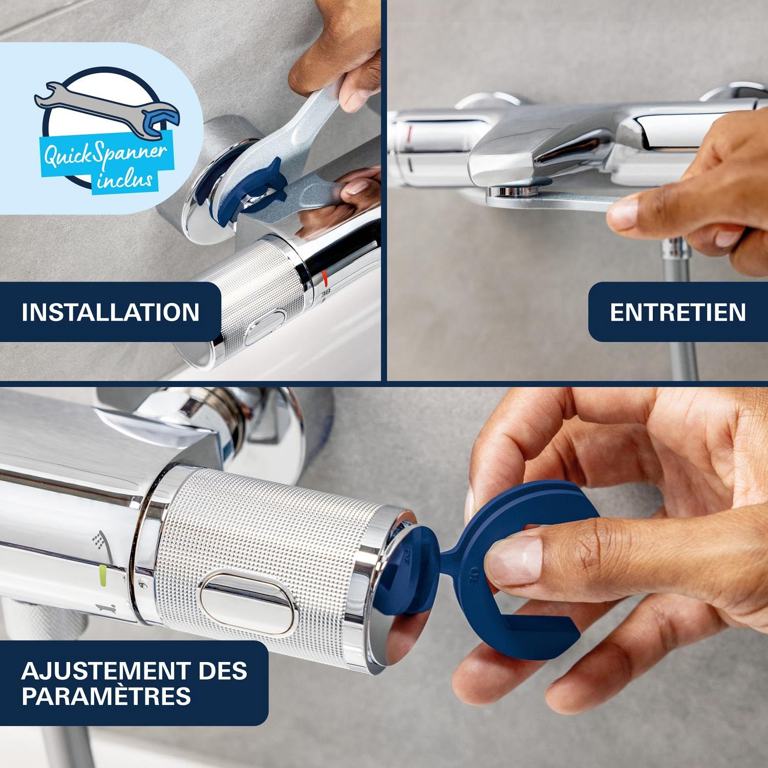 GROHE Mitigeur thermostatique douche Precision Feel, montage mural, indicateur de température, filtres intégrés, poignées métalliques, rosaces incluses, chromé, 34788000 (Import Allemagne)