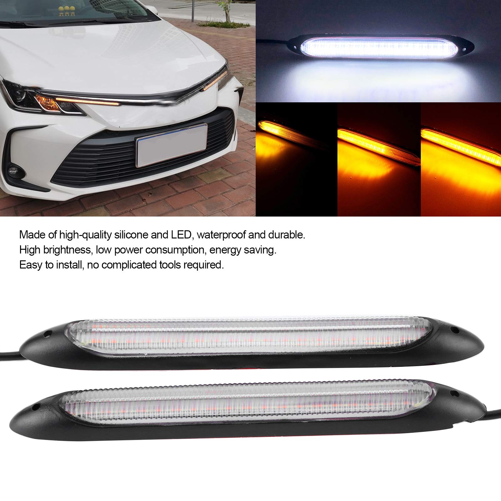 Akozon Luci Diurne LED Auto, 1 Paio Striscia per Luci di Marcia Diurna a LED Impermeabile Luce Universale per Auto, Luce Bianco Giallo, Lampada LED DRL per Auto Ad Alta Luminosità(27.5cm)