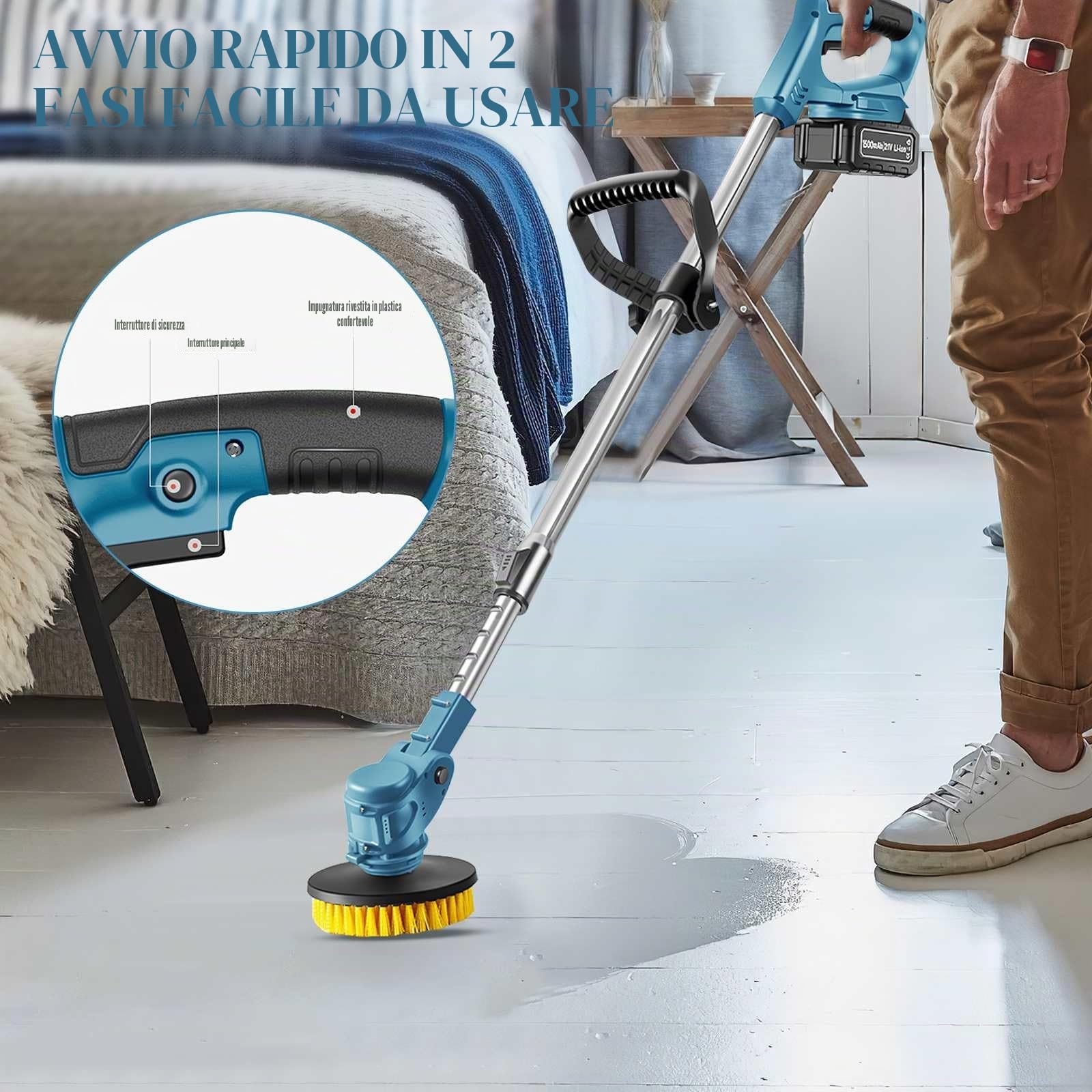 Spazzola motorizzata telescopica, diametro 125 mm, spazzola in nylon con 5000 giri/min, asta da 90 cm a 125 cm, fornita con 3 spazzole, compatibile con Ma-Kita~ 21 V, non inclusa, per pavimento, auto