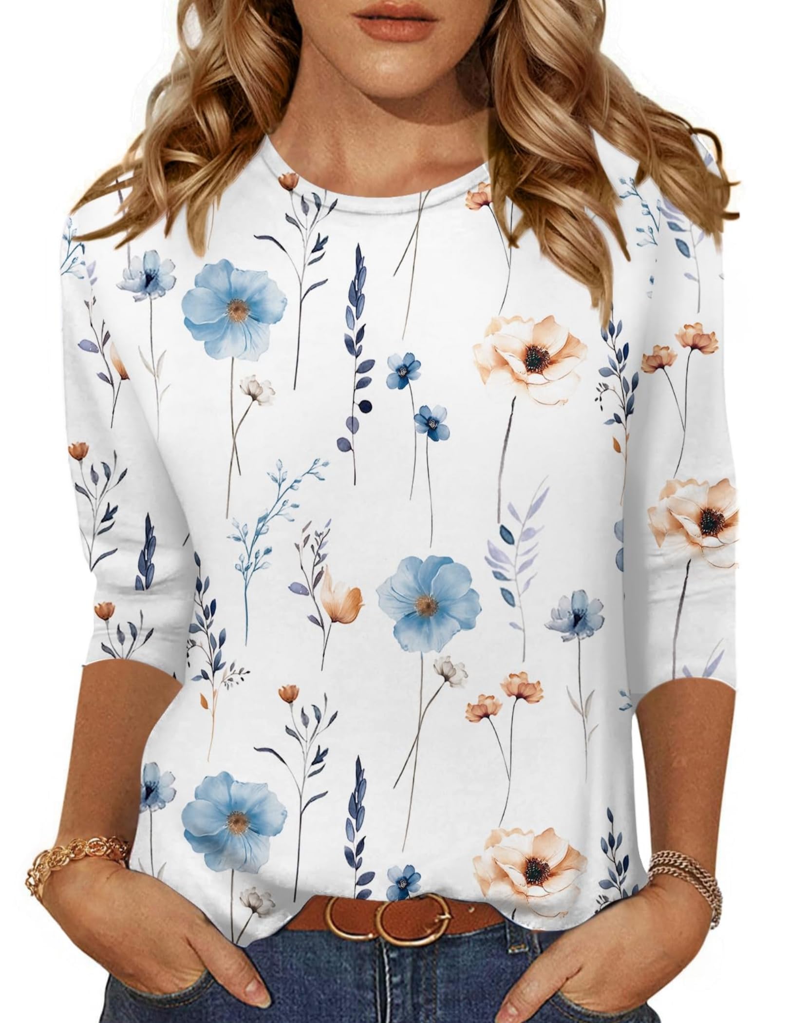 Women Tops 3/4 Sleeve Blouses Casual Crew Neck T Shirts Summer S-XXXL