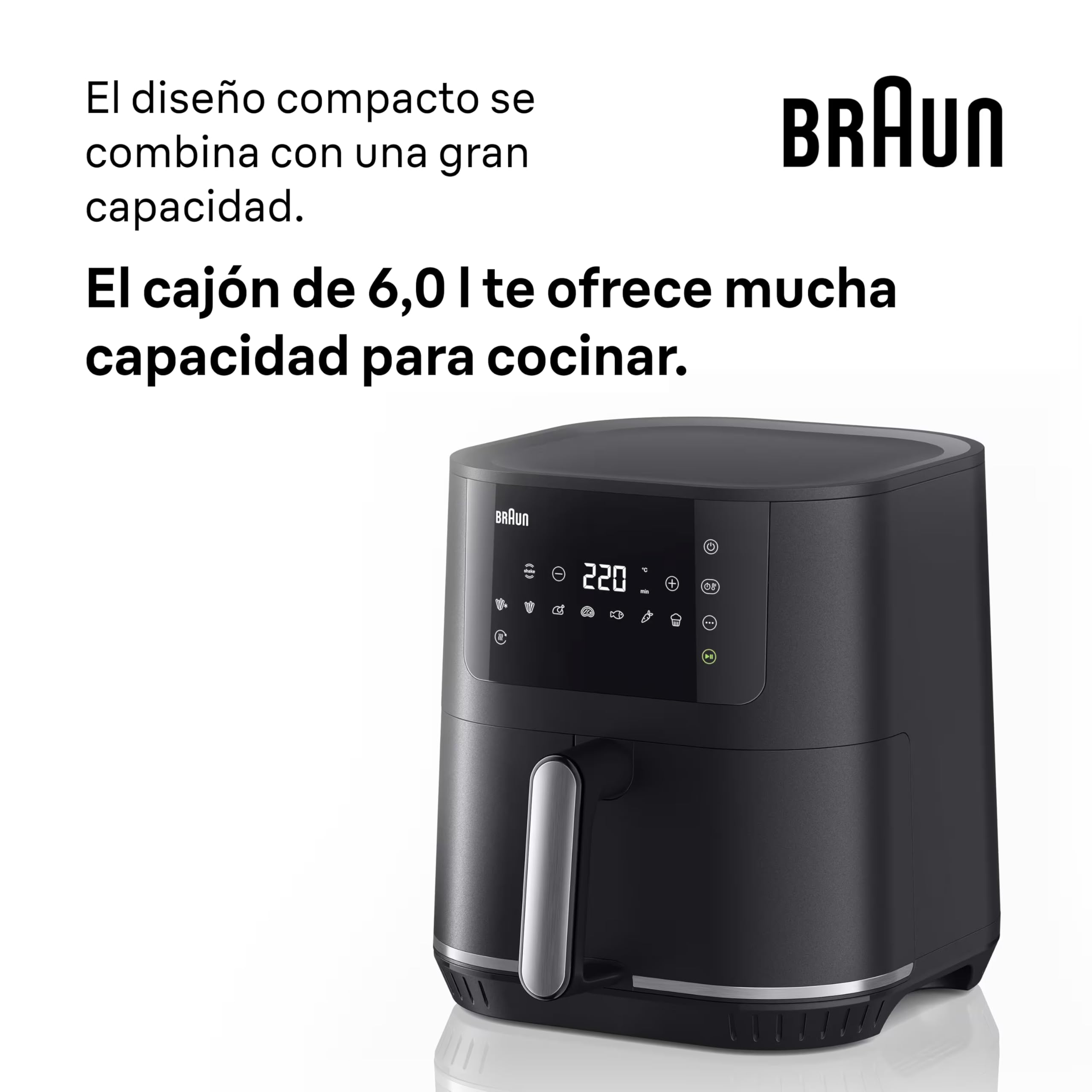 Braun MultiFry 5 HF5030IBK, Freidora de Aire, Capacidad 6L, Control Digital Temperatura 80-200°, Tecnología RealAir, 8 Configuraciones Predeterminadas, Táctil, Cesta Lavable Lavavajillas, 1700W, Negro