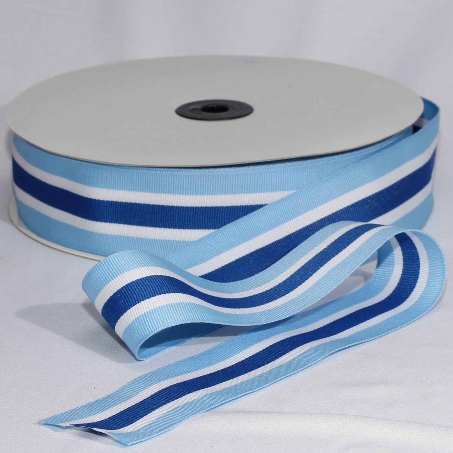 The Ribbon People Navy, Light Blue, and White Striped Grosgrain Woven Craft Ribbon 1.5" x 55 Yards