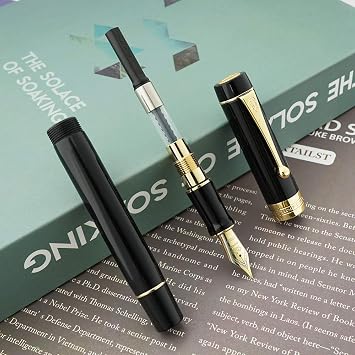 Jinhao 100 Fountain Pen Medium Nib with Golden Clip Writing Pen, Vivid Black Acrylic