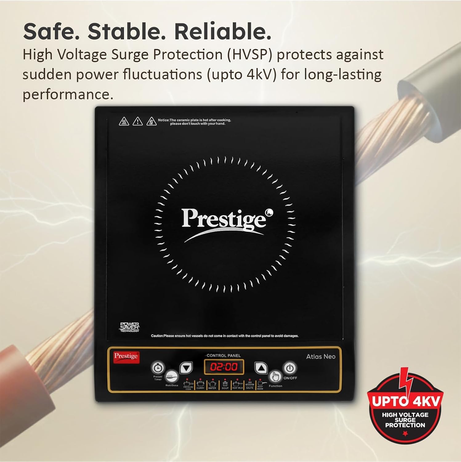 Automatic Voltage Regulator (AVR) – Protects Against Fluctuations: Built‑in AVR safeguards the induction cooktop from voltage spikes and fluctuations – a must for Indian power conditions.