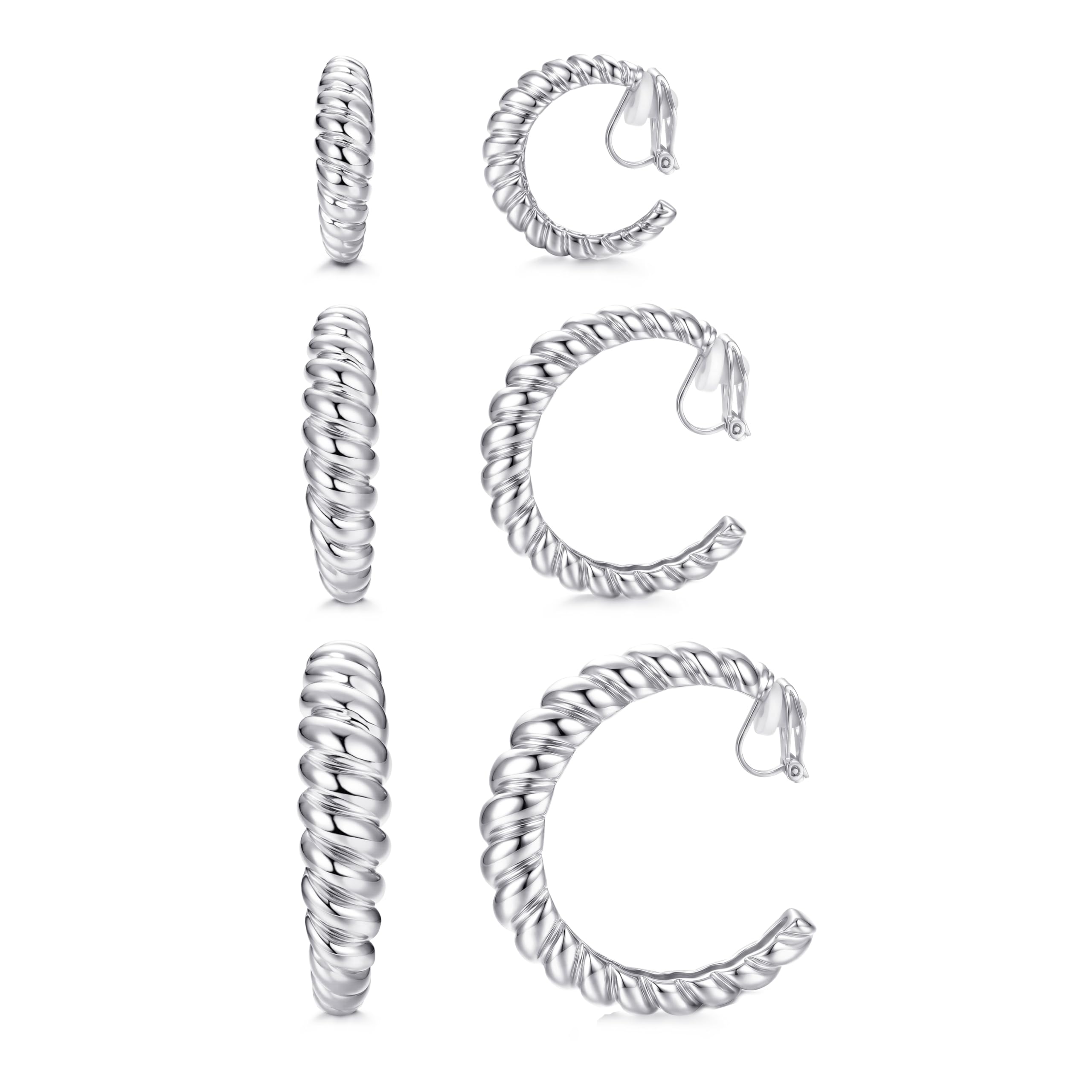 Florideco 3Pairs Clip on Earrings for Women Trendy Hypoallergenic Tube Croissant Clip-on Hoop Earrings Set Non Pierced